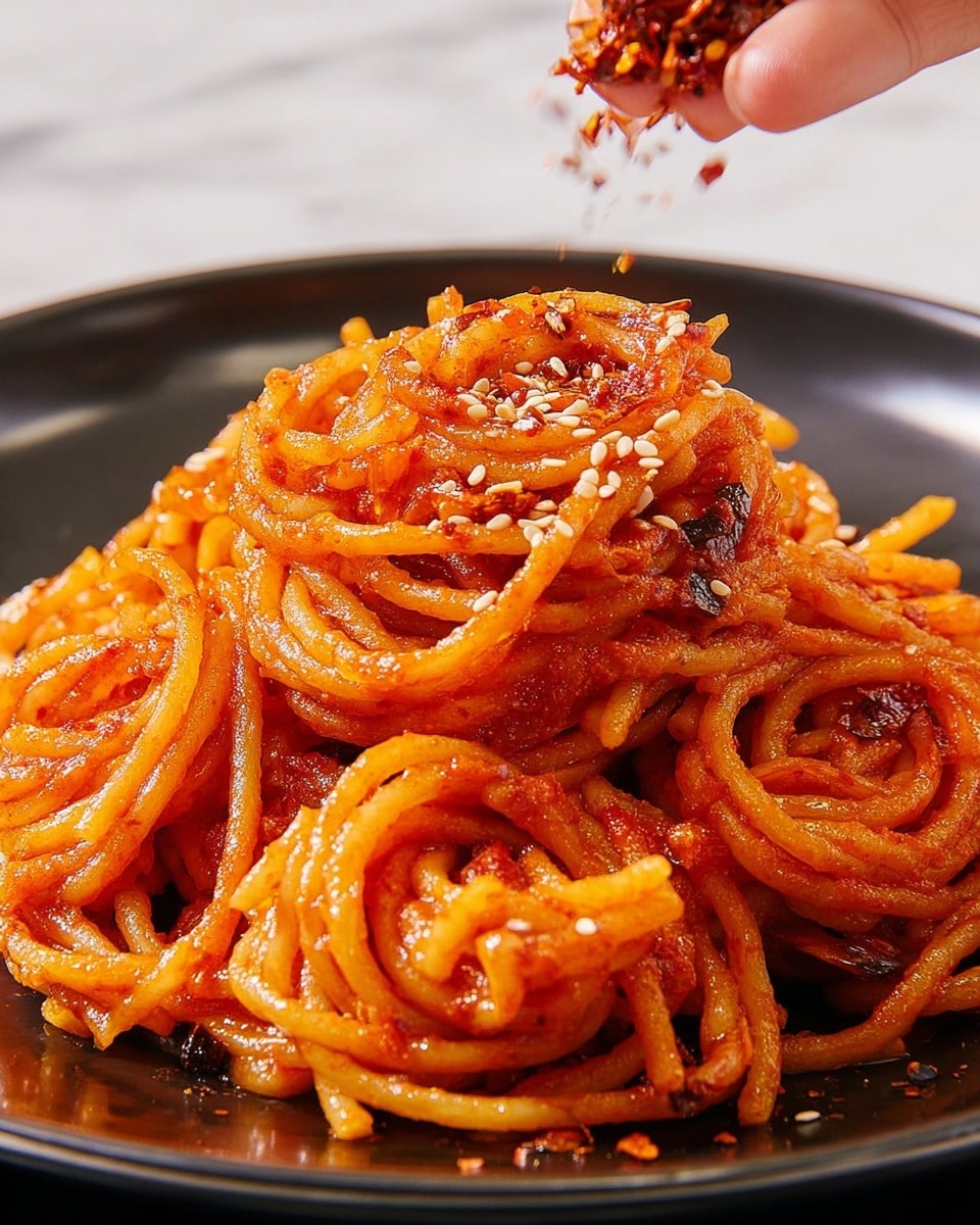 A close-up of a black plate filled with several nests of thick spaghetti noodles coated in bright red-orange spicy sauce, sprinkled with small pieces of chili flakes and seeds. The noodles are glossy with sauce and slightly twisted together, creating a textured and tangled look. Above the plate, a woman's hand is sprinkling more chili flakes over the noodles. The background shows a soft, white marbled surface. photo taken with an iphone --ar 4:5 --v 7