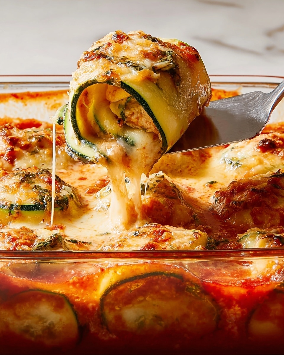 A close-up view of a glass baking dish filled with layers of zucchini roll-ups covered in melted golden cheese and tomato sauce. The bottom layer shows a thick, saucy base of rich red tomato mixed with herbs, topped by light green zucchini slices rolled tightly around a creamy white cheese filling. The top layer is bubbling melted cheese with browned spots. A metal spatula lifts one zucchini roll from the dish, showing melted cheese stretching between the dish and the roll. The dish is set on a white marbled surface. photo taken with an iphone --ar 4:5 --v 7