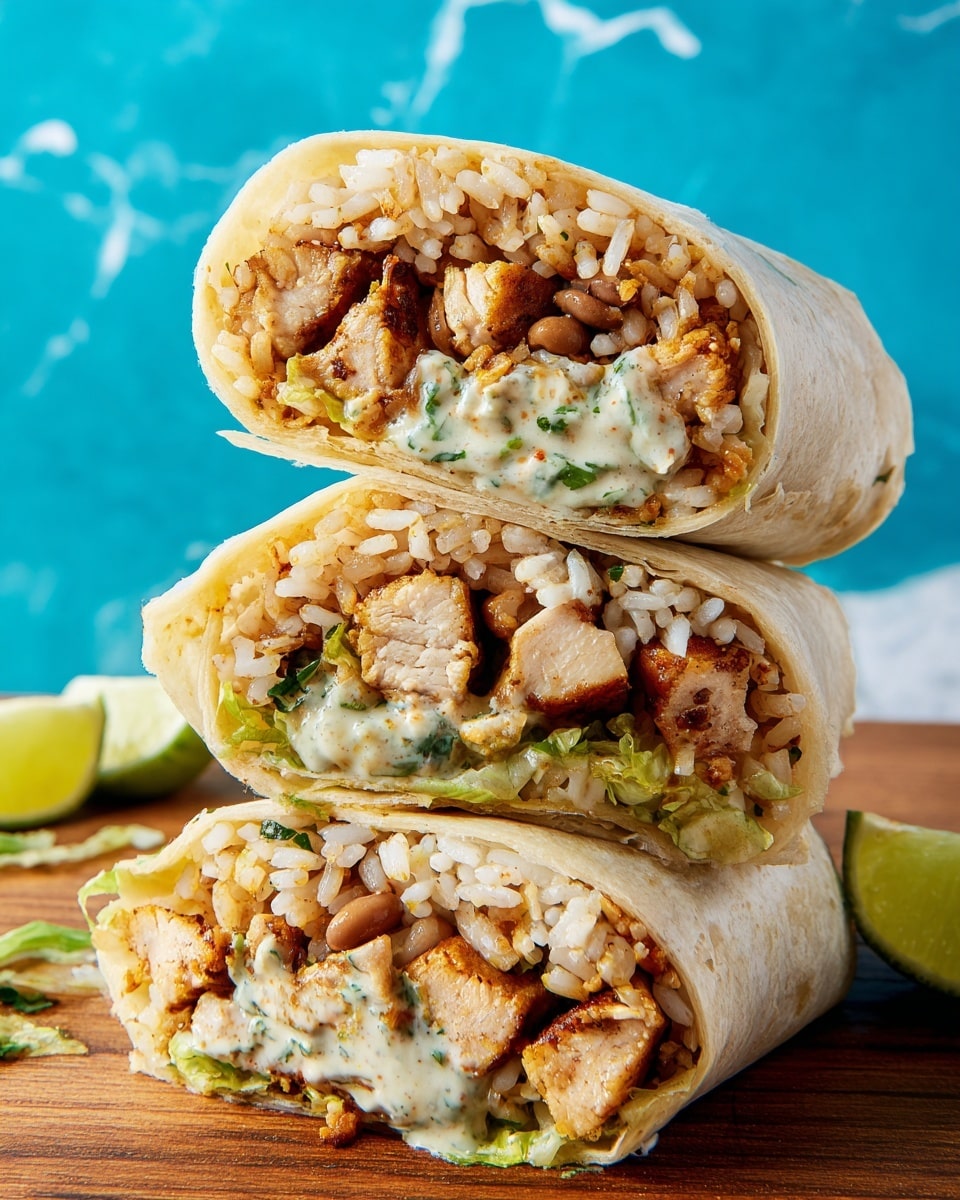 A close-up image of a burrito cut in half and stacked, showing several layers inside a soft, light beige tortilla. The top visible layer is white and light brown rice mixed with small bits of green herbs. Below the rice, there are chunks of light brown, grilled chicken interspersed with brown beans and lightly sautéed mushrooms. There is a creamy, white-green sauce with some specks of reddish seasoning, and fresh light green lettuce peeking out near the bottom. The burrito halves are placed on a wooden surface with a wedge of lime on the side. The background is a bright blue with a white marbled texture partially visible. photo taken with an iphone --ar 4:5 --v 7