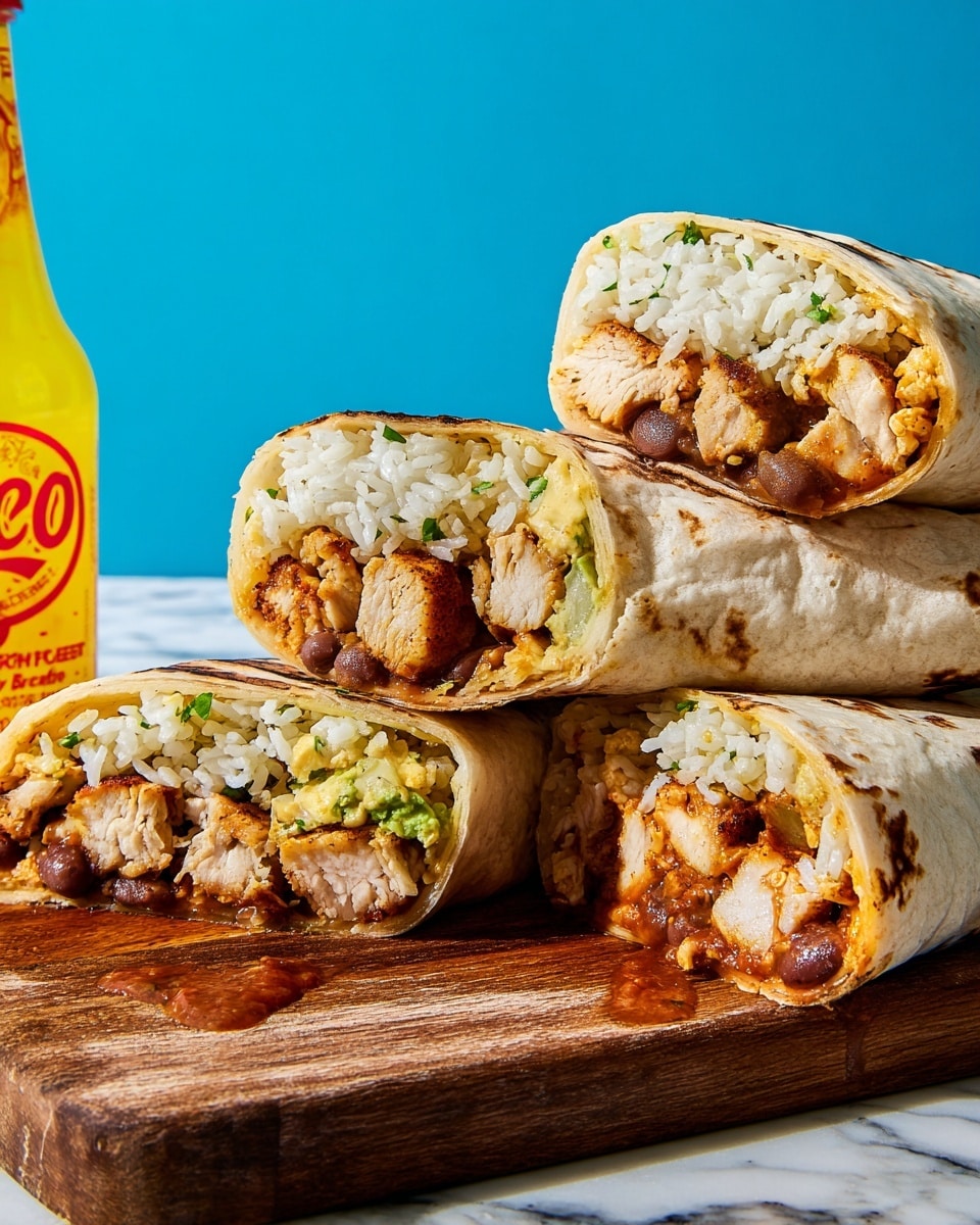 The image shows four burrito halves stacked on a wooden board. Each burrito has a lightly toasted pale yellow tortilla wrapped around three main layers: the top layer is white fluffy rice mixed with small green herbs, the middle layer is golden-brown grilled chicken chunks, and the bottom layer contains darker brown beans with some sauce. The burritos have a moist texture where the sauce slightly seeps out. A bright yellow bottle with a red label is visible on the left side, and the background is a solid bright blue color. The wooden board is placed on a white marbled surface. photo taken with an iphone --ar 4:5 --v 7