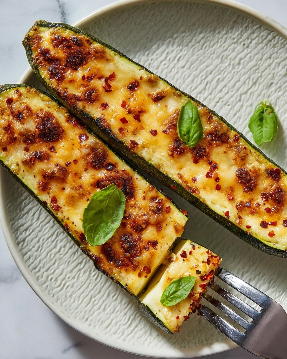The image shows two long zucchini halves, each topped with a layer of melted, golden-brown cheese with small browned spots and red seasoning flakes spread evenly. The zucchinis have a dark green outer skin and a light green inside with grill marks, creating a textured base layer. Green basil leaves are placed on top of the cheese for a fresh touch. One zucchini half is cut into a smaller piece held by a fork on the right side of the white plate with a subtle textured pattern. The background is a white marbled texture. Photo taken with an iphone --ar 4:5 --v 7