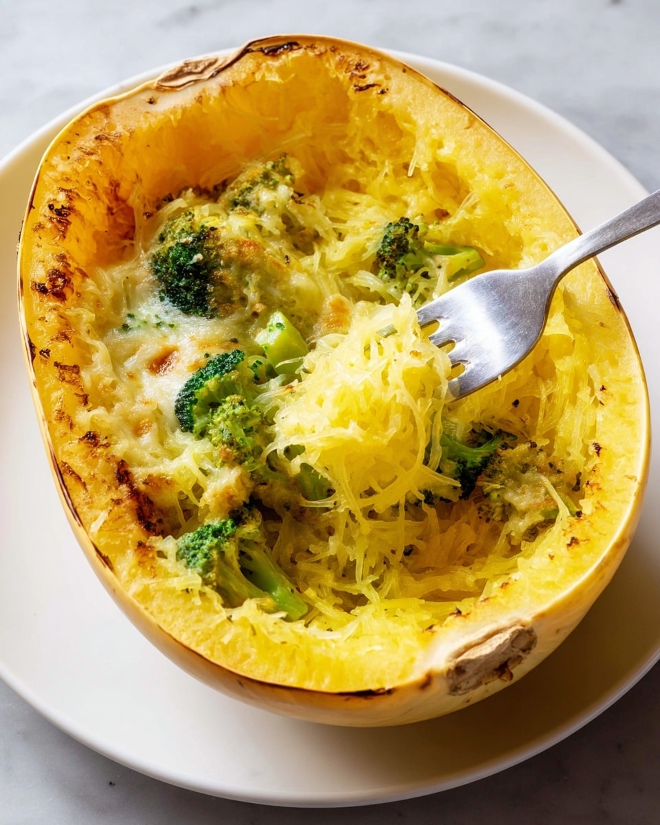 The image shows a cooked spaghetti squash cut in half and placed on a white plate. The outer skin is pale yellow with some browned spots, while inside there are bright yellow stringy strands of squash flesh making up most of the dish. Among the strands, there are pieces of green broccoli and melted cheese creating a creamy texture in patches. A silver fork is stuck in the squash, lifting some strands and broccoli. The scene is set on a white marbled surface. photo taken with an iphone --ar 4:5 --v 7