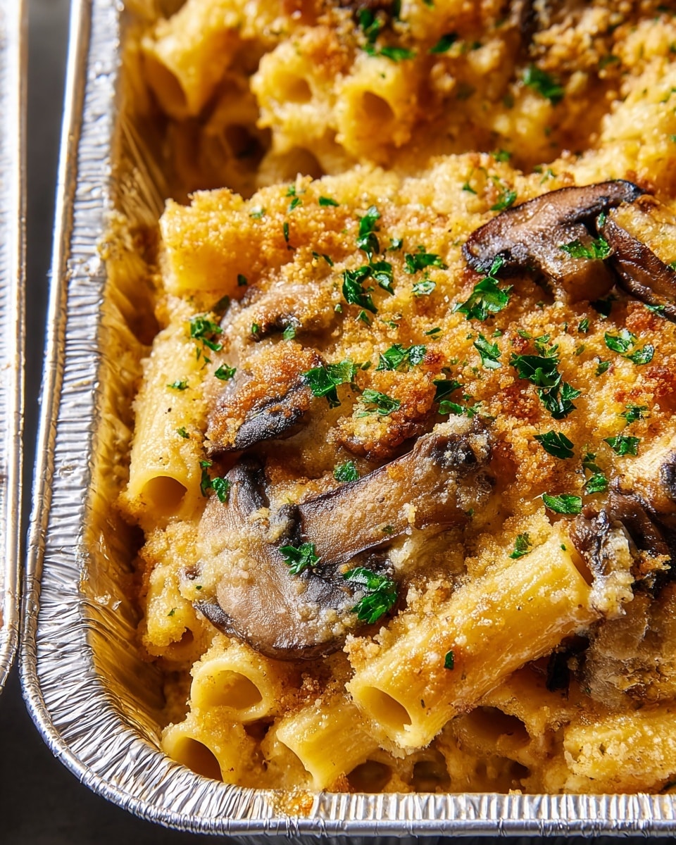 The close-up image shows a baked pasta dish with two visible layers. The bottom layer is made of rigatoni pasta, which is a pale yellow and smooth texture, coated with melted cheese. The top layer features golden brown sautéed mushroom slices with a slightly crispy texture and sprinkled with golden breadcrumbs. Bright green parsley pieces are scattered on top, adding color contrast. A silver fork holds a piece of rigatoni with a mushroom slice on top, ready to be eaten. The dish is in a white foil container sitting on a white marbled surface. Photo taken with an iphone --ar 4:5 --v 7