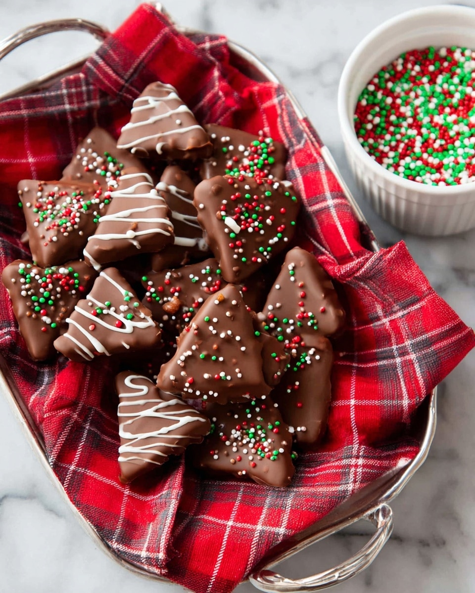 A silver tray lined with a red plaid cloth holds multiple chocolate-covered triangular treats. Each treat is coated in smooth brown chocolate, some decorated with thin white icing drizzles in abstract lines, while others are sprinkled with tiny round red, green, and white candy beads. To the right of the tray, there is a small white bowl filled with more of the same candy beads. The entire setup rests on a white marbled textured surface. Photo taken with an iphone --ar 4:5 --v 7