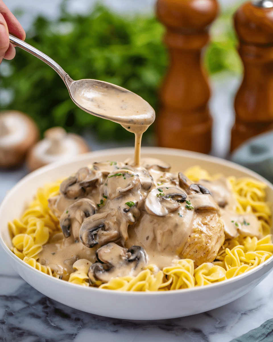 A white bowl filled with yellow egg noodles forms the base layer, topped with a piece of chicken covered in creamy light brown mushroom sauce that contains sliced brown mushrooms. A silver spoon is held above the bowl by a woman's hand, pouring more of the creamy sauce over the chicken. The background features blurred green herbs and brown pepper grinders on a white marbled surface. photo taken with an iphone --ar 4:5 --v 7