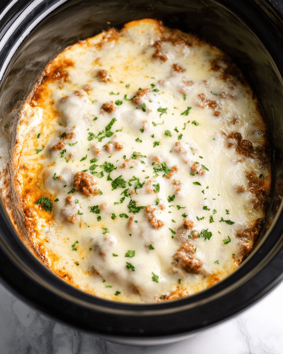 The image shows a close-up of a baked dish inside a black round slow cooker. The dish has two main layers: the bottom layer is a mix of creamy white melted cheese and brown cooked ground meat. The top layer is a smooth, bubbly layer of melted white cheese with small sprinkles of fresh green parsley evenly spread across the surface. The edges of the cheese are slightly browned, adding a golden tint in some parts, and the texture looks soft and gooey. The slow cooker sits on a white marbled surface. photo taken with an iphone --ar 4:5 --v 7