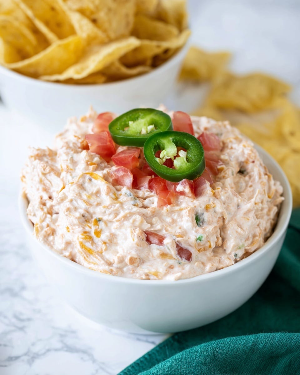 A white bowl filled with a creamy, slightly chunky dip that has a light pinkish-tan color with visible small bits mixed throughout, topped with diced red tomato pieces and three green jalapeno slices arranged on top. In the background, there is a white bowl filled with light yellow tortilla chips, all placed on a white marbled surface with a green cloth partially visible at the bottom edge. Photo taken with an iphone --ar 4:5 --v 7