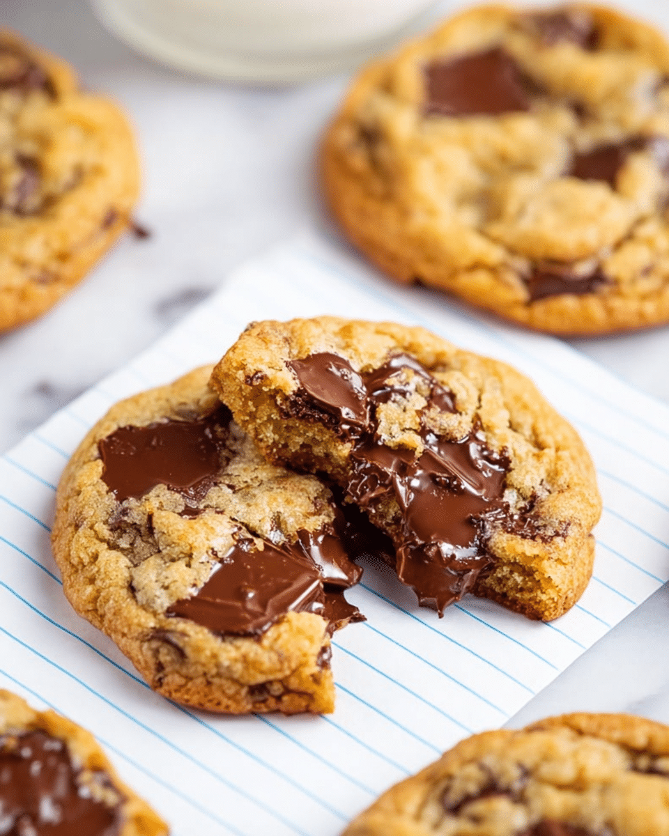 The image shows a close-up of a golden-brown chocolate chip cookie with large melted dark chocolate chunks embedded throughout. The cookie is broken in half, revealing a gooey, soft interior with rich melty chocolate. It rests on a white paper with blue lines, like notebook paper, set on a white marbled surface. Around it, other whole cookies with similar large chocolate chunks are slightly out of focus, giving a sense of abundance. The texture of the cookie looks chewy with a slight crisp edge, and the chocolate pieces shine with a glossy smoothness. photo taken with an iphone --ar 4:5 --v 7