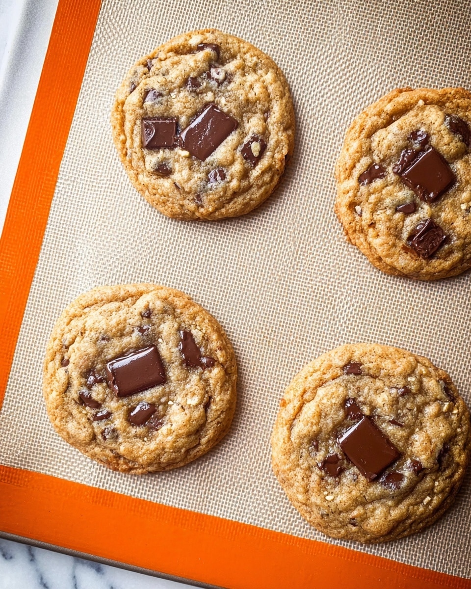 The image shows four round chocolate chip cookies placed evenly on a beige silicone baking mat with an orange border on one edge. Each cookie has a golden-brown surface with a slightly rough texture and visible soft cracks. The cookies are dotted with five or six large, square chunks of dark chocolate, slightly melted and glossy, embedded on the top layer. The background is a white marbled surface. photo taken with an iphone --ar 4:5 --v 7
