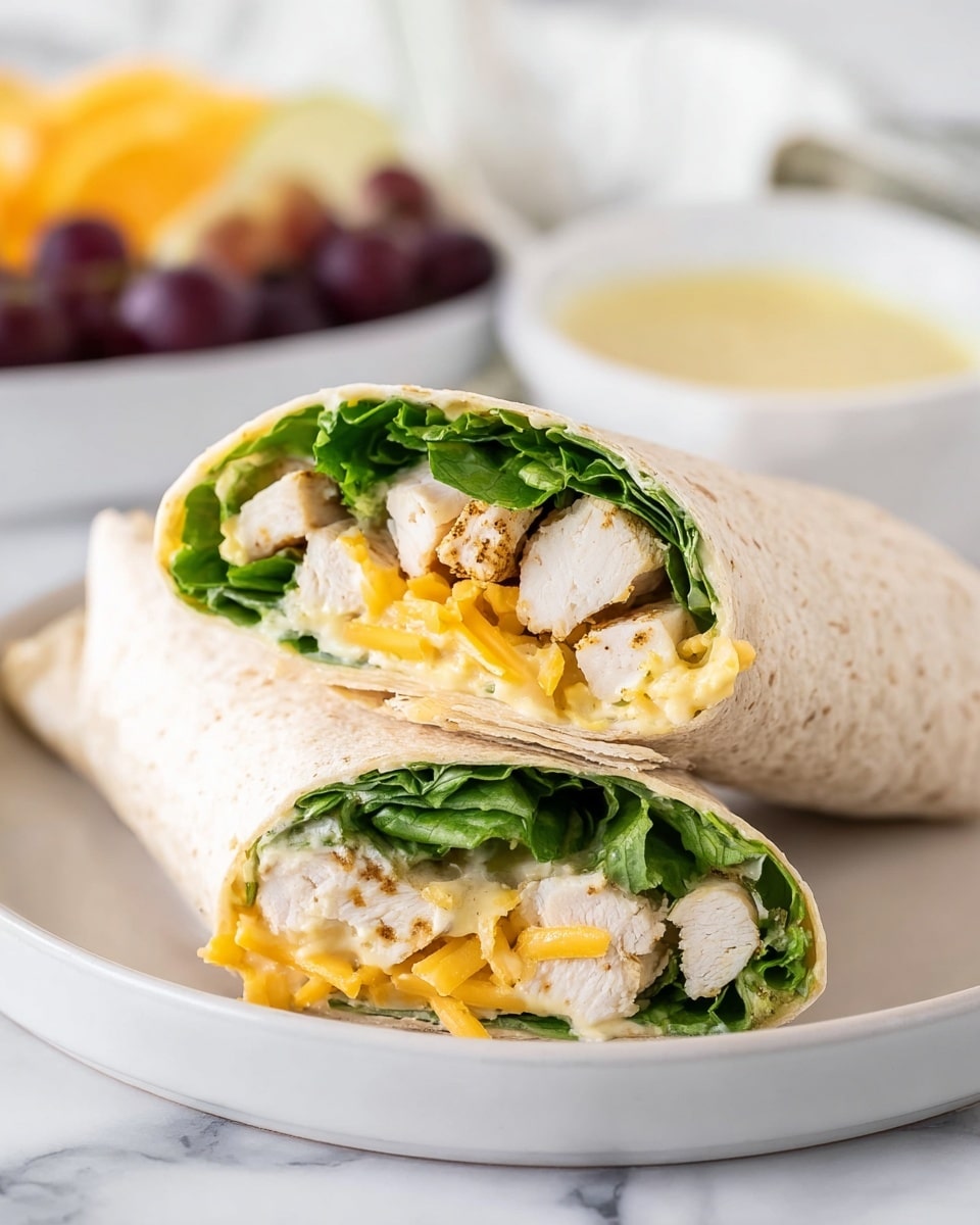 This image shows a close-up of a wrap sandwich cut in half and stacked. The wrap is light beige with a soft, slightly textured surface. Inside, the first layer is green fresh lettuce leaves, folded lightly. The second layer consists of chunks of white, cooked chicken with a hint of seasoning. The third layer is bright yellow shredded cheese evenly spread around the chicken. The wrap halves rest on a white plate with a smooth edge, on a white marbled surface. In the background, there is a white bowl with light yellow sauce and some blurred fruit. Photo taken with an iphone --ar 4:5 --v 7