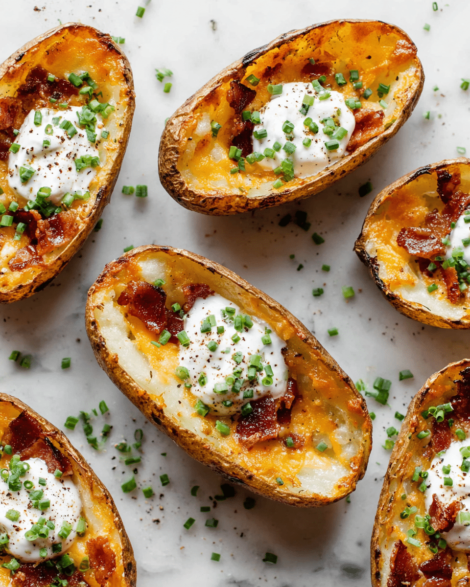 The image shows six potato skins arranged on a white marbled surface, each potato skin with a crispy golden-brown shell filled with a creamy layer of melted cheddar cheese mixed with bits of crispy bacon. On top of each filled potato skin is a dollop of white sour cream, sprinkled with small green chopped chives and finely cracked black pepper, adding texture and color contrast. The cheese is bubbly and slightly browned around the edges, giving a rich and hearty look to the dish. photo taken with an iphone --ar 4:5 --v 7