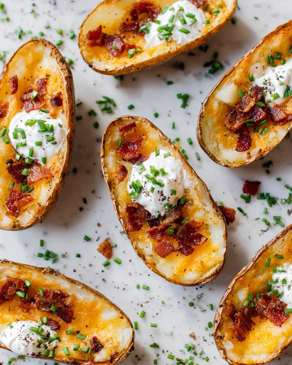 The image shows several potato skins arranged on a white marbled surface. Each potato skin has three main layers: the thin brown outer potato skin, a middle pale white potato layer, and a top golden melted cheese layer with crispy, small bits of bacon scattered across it. Each potato skin is topped with a dollop of white sour cream and sprinkled with small green chopped chives. There are also scattered chives and black pepper around the potato skins, adding texture and color to the scene. photo taken with an iphone --ar 4:5 --v 7