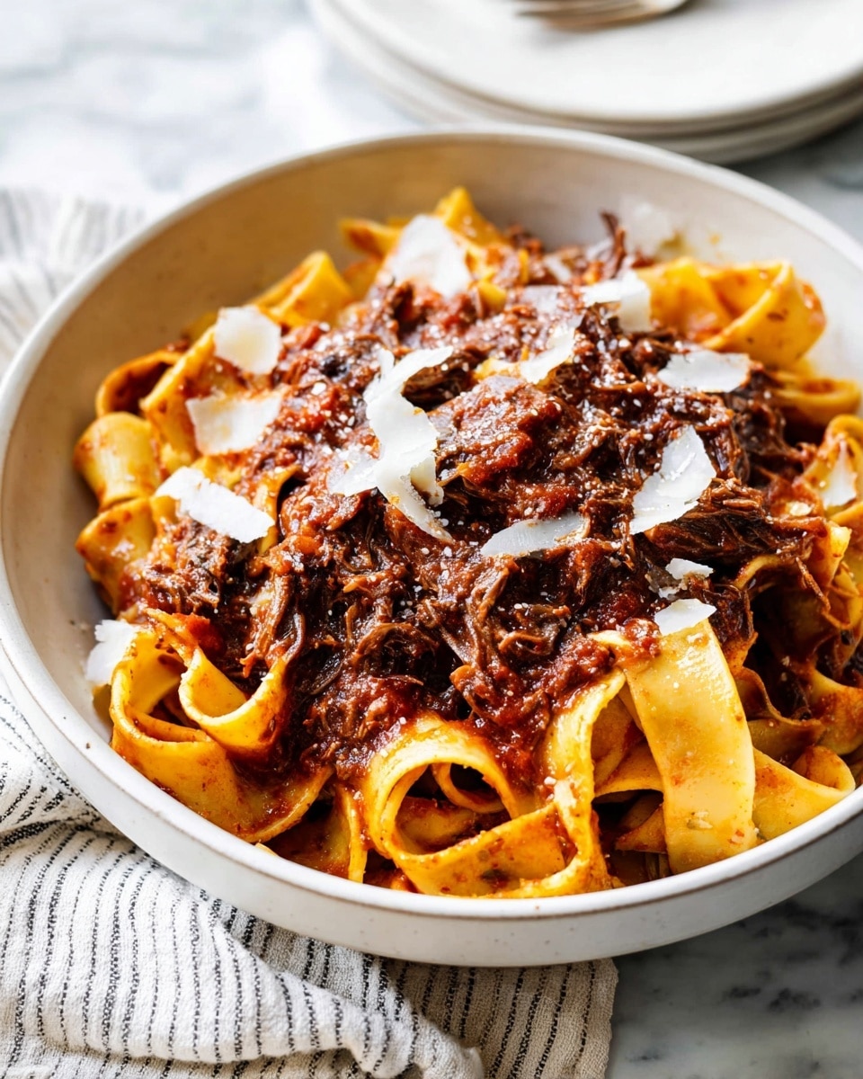 A white bowl filled with wide, flat pasta ribbons covered in rich dark brown shredded meat and chunky red tomato sauce. The pasta is golden-yellow and slightly curled, mixed closely with the meat and sauce that looks thick and sticky. The dish is topped with small white shreds of cheese scattered over the pasta. It is set on a white marbled surface with a striped cloth and a white plate blurred in the background. photo taken with an iphone --ar 4:5 --v 7