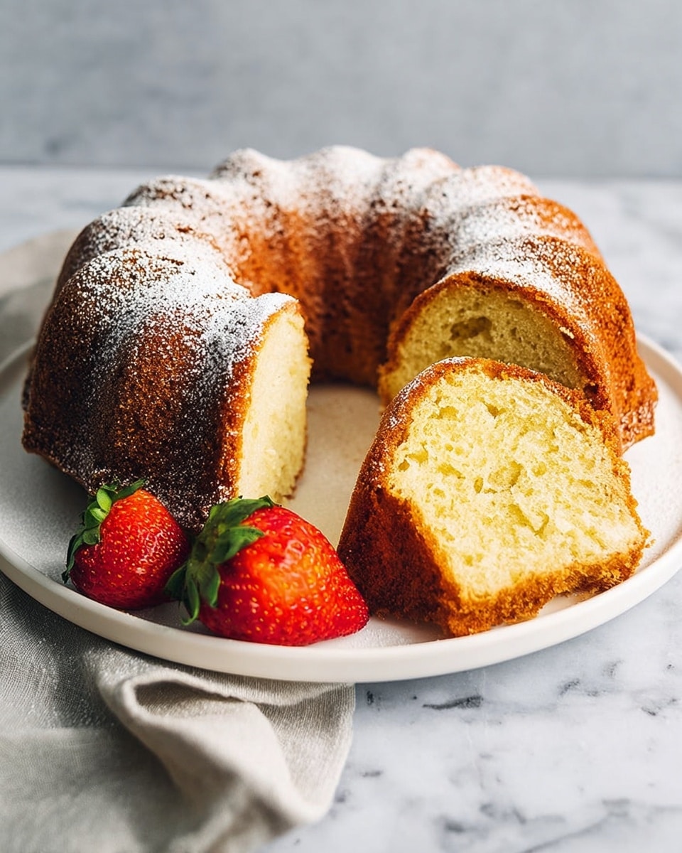 A round bundt cake with a golden brown crust sits on a white plate with two fresh red strawberries beside it. The cake is dusted lightly with powdered sugar on top, and two slices are cut and leaned against the cake, showing the soft, light yellow inside texture. The plate is placed on a white marbled surface with a light gray cloth beside it. Photo taken with an iphone --ar 4:5 --v 7