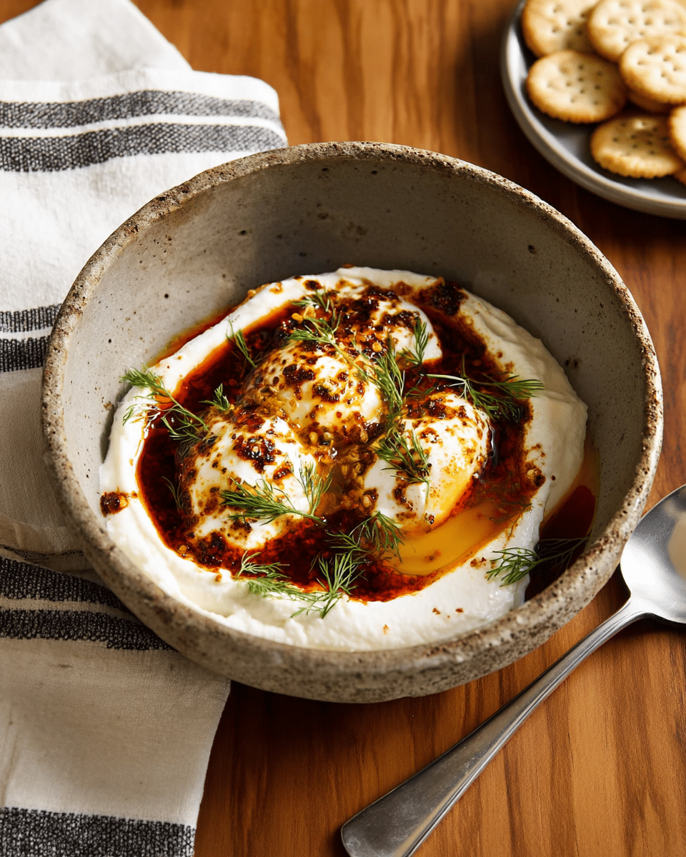 A shallow, rough-textured gray bowl with small dark speckles and irregular edges holds a dish with three layers: the base is a smooth, creamy white layer spread evenly across the bowl, topped by two soft, poached eggs with tender white edges and warm golden yolks peeking through, then drizzled generously with a dark red and brown spicy oil sauce that pools slightly around the eggs. Small green dill sprigs are sprinkled on top, adding a fresh contrast of color. The bowl rests on a wooden surface with a silver spoon nearby and a white cloth with black stripes to the side, with a small plate of round crackers in the background. photo taken with an iphone --ar 4:5 --v 7