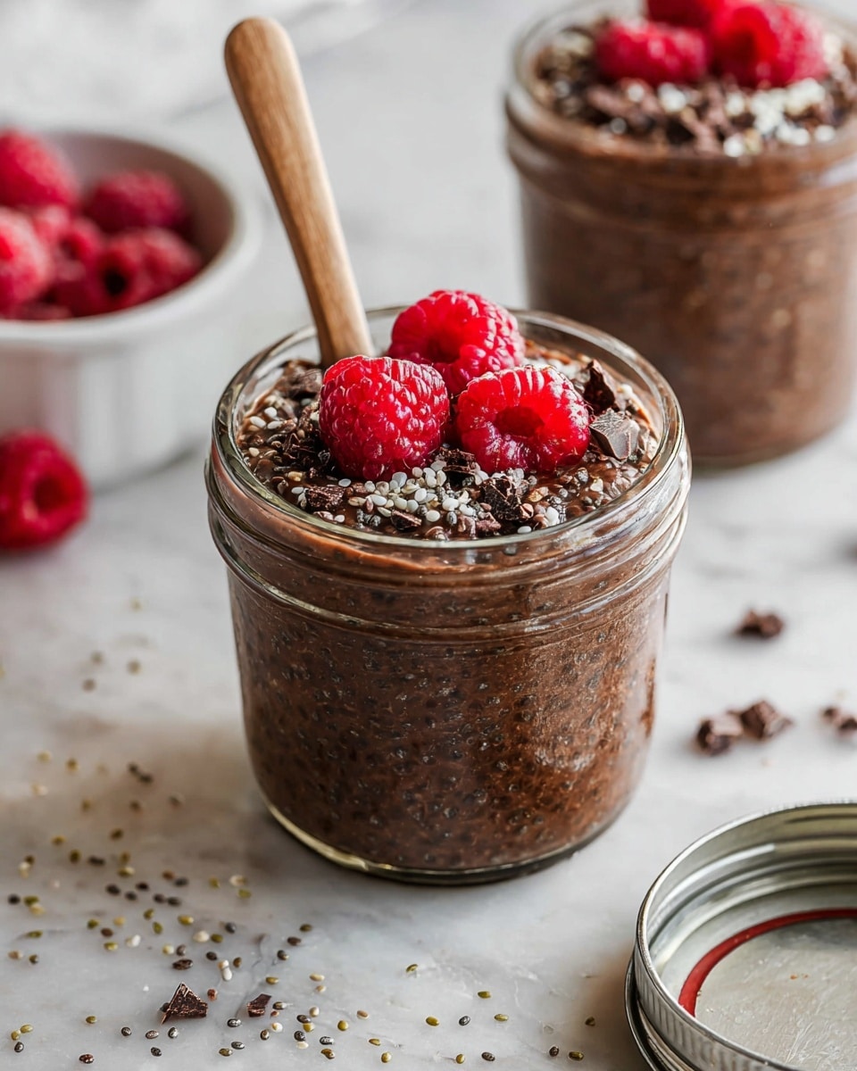 A small clear glass jar filled with a dark brown chocolate chia pudding that has a textured, slightly thick consistency. On top, three bright red fresh raspberries sit on the surface, surrounded by small bits of dark chocolate and white seeds scattered evenly. A light wooden spoon sticks into the pudding from the left side of the jar. In the background, there is another jar with the same pudding and raspberries and a white bowl with a few raspberries inside it. The setting is on a white marbled surface with some scattered seeds and raspberries around the jars, and a metal jar lid lies in the foreground. photo taken with an iphone --ar 4:5 --v 7
