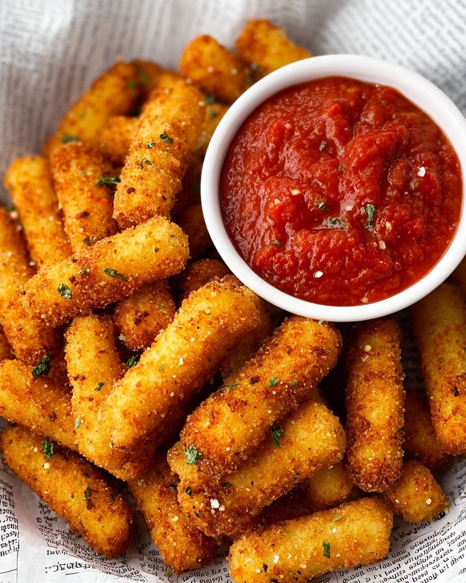 A white bowl filled with bright red, chunky marinara sauce sits at the top right corner, surrounded by a large pile of golden-brown mozzarella sticks coated in a crispy, textured breadcrumb crust. The mozzarella sticks are piled high, with their crunchy surfaces showing small flecks of seasoning, and are arranged on a white marbled surface covered partially with newspaper print beneath. The overall image looks warm and inviting. photo taken with an iphone --ar 4:5 --v 7
