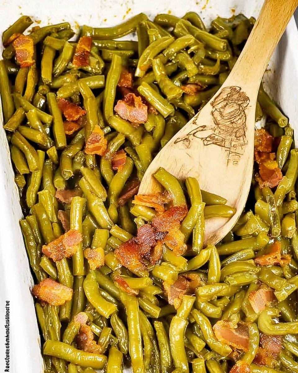 This image shows a close-up of cooked green beans mixed with crispy pieces of browned bacon, all placed inside a white baking dish. The green beans are cut into short pieces, bright green with a soft, slightly shiny texture. The bacon bits are scattered unevenly on top and throughout, showing a rich reddish-brown color and crunchy texture. A wooden spoon with carved detail is scooping a portion of the green beans and bacon from the dish. The background has a smooth white marbled surface. photo taken with an iphone --ar 4:5 --v 7