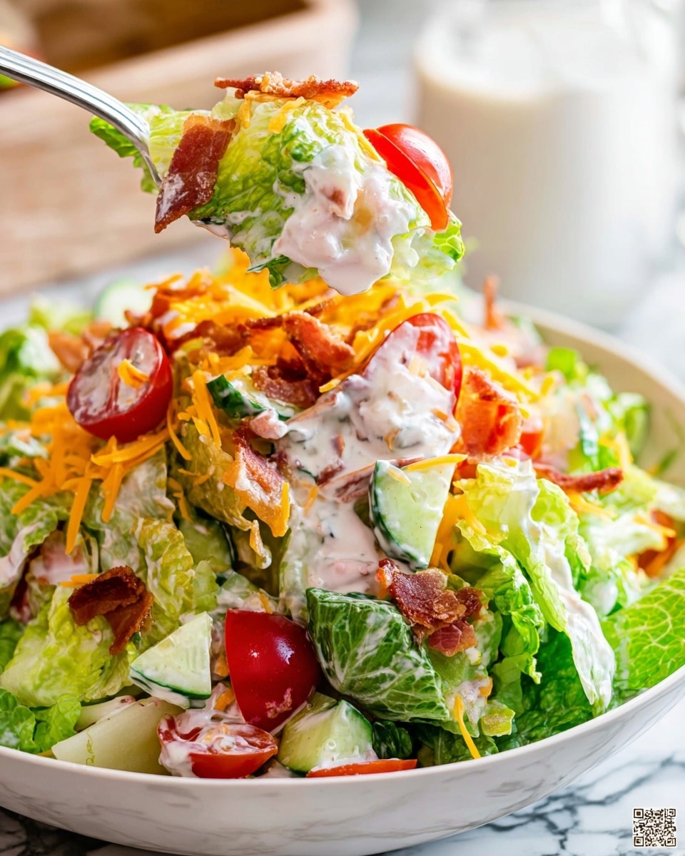 A close-up of a fresh salad in a white bowl with large pieces of green romaine lettuce forming the base layer, topped with chopped red tomatoes, green cucumbers, shredded orange cheddar cheese, and small bits of crispy bacon mixed throughout. The salad is generously coated with creamy white dressing, giving it a shiny and smooth texture. A white spoon is lifting a spoonful of the salad, showing the colorful, mixed ingredients in detail against a white marbled surface in the background. Photo taken with an iphone --ar 4:5 --v 7