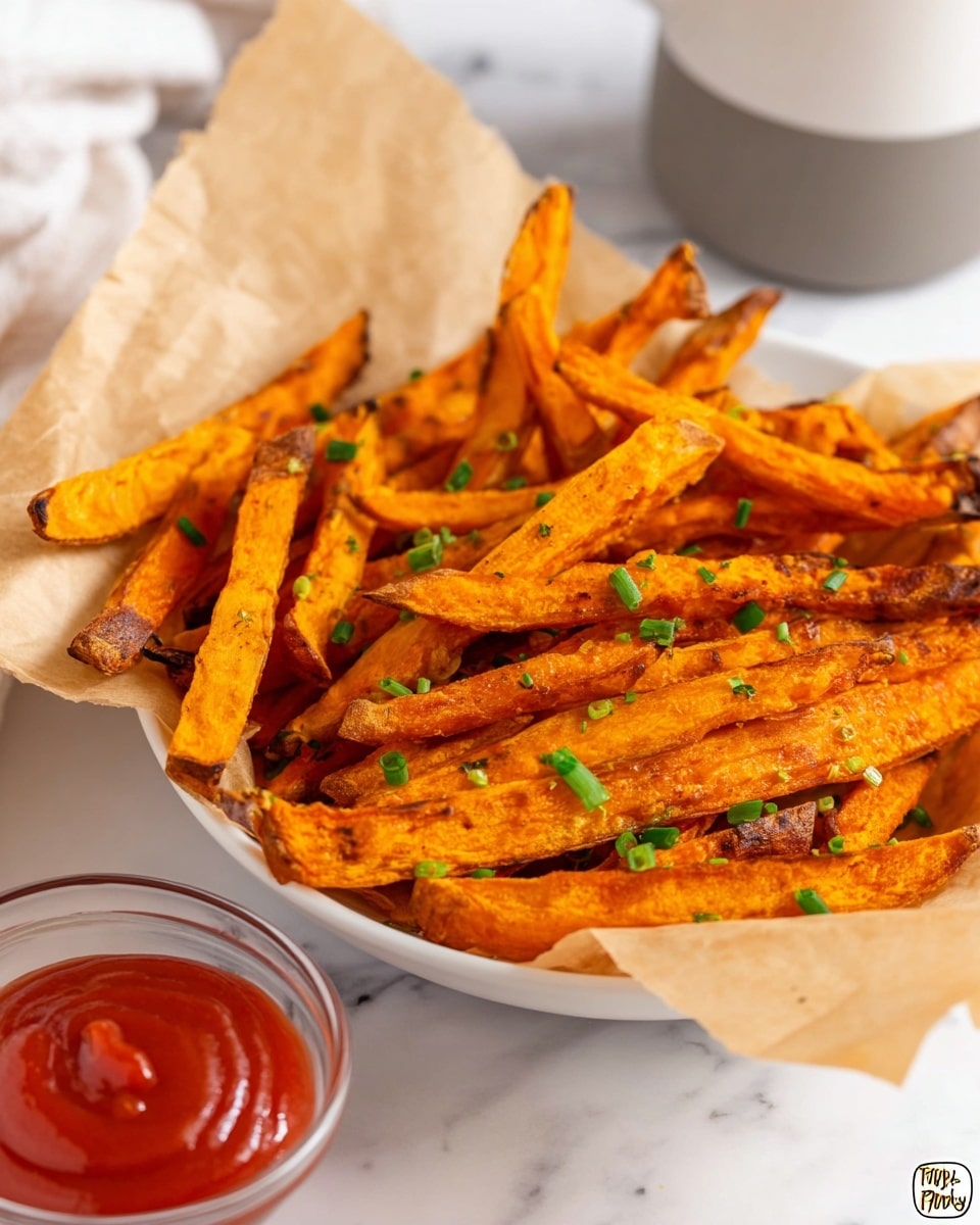 A white bowl filled with one layer of bright orange sweet potato fries sprinkled with small green chive pieces, with a few fries showing light charring and a crispy texture, sitting on a piece of light brown parchment paper. To the right, part of a small clear glass bowl containing smooth red ketchup is visible. The background is a white marbled surface and a white cup with a gray base can be partly seen in the upper right corner. photo taken with an iphone --ar 4:5 --v 7