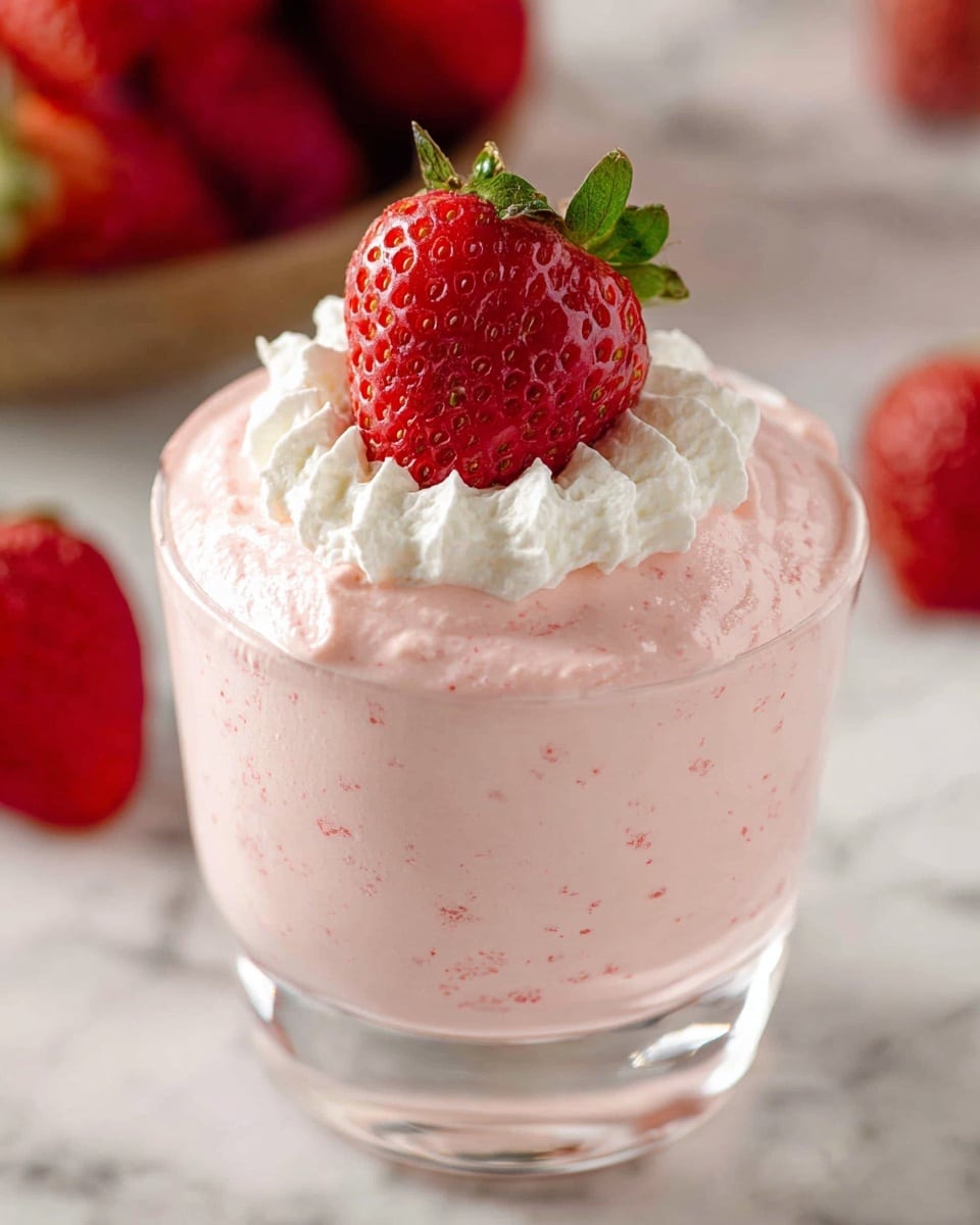 A clear glass dessert cup holds a creamy, light pink mousse with small red specks, smoothly filled to the top in one thick layer. On top, there is a small ring of white whipped cream around the center, making a soft border. Inside the whipped cream circle sits a whole bright red strawberry with a green leafy top, its surface shiny and textured with small seeds. The background is a white marbled texture with blurred whole strawberries adding depth. photo taken with an iphone --ar 4:5 --v 7