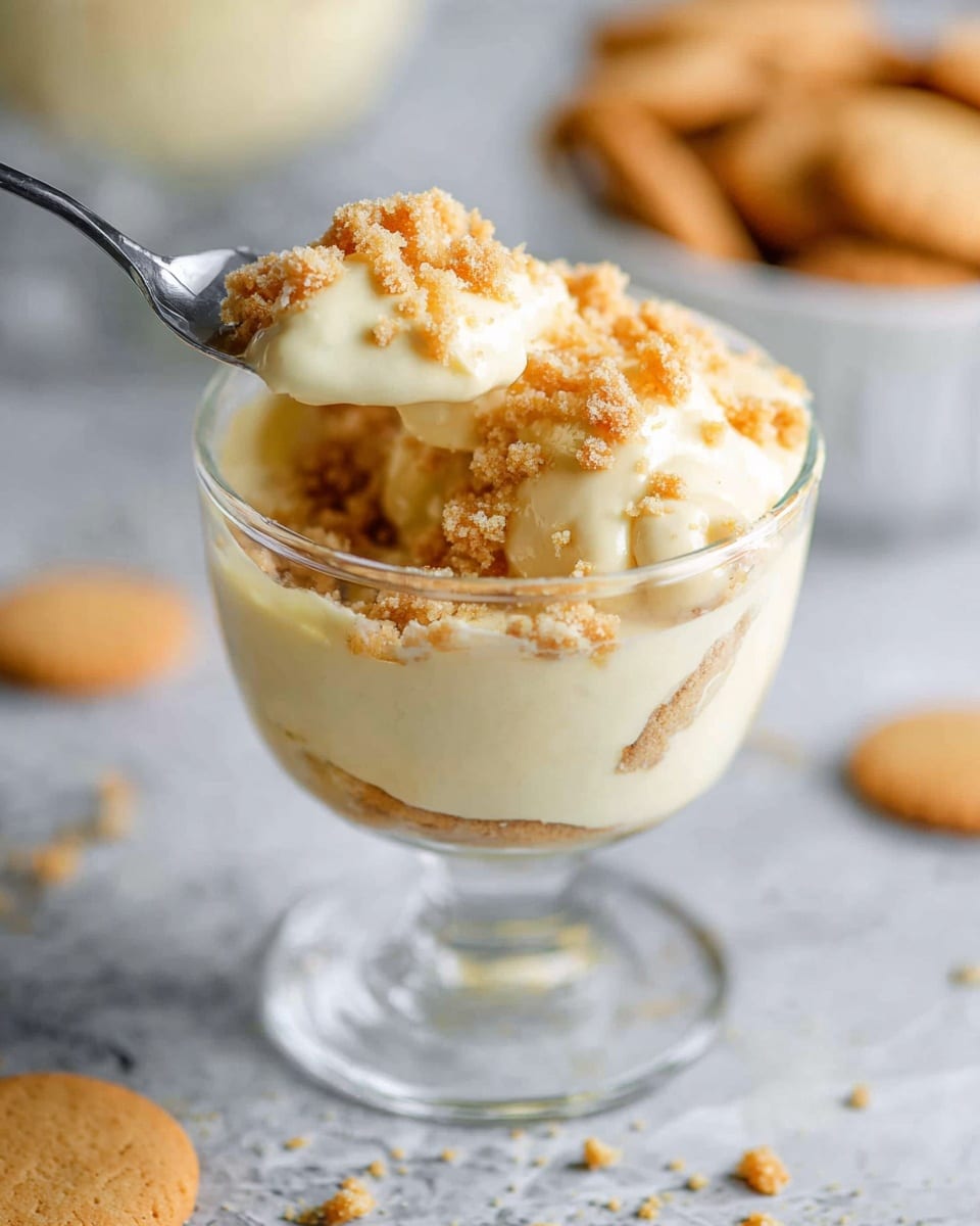 A clear glass dessert cup is filled with creamy pale yellow pudding at the bottom layer, topped with a second layer of crumbled light brown cookie pieces scattered unevenly. The texture of the pudding is smooth and glossy, while the cookie crumbles are rough and slightly chunky. A silver spoon scoops up some pudding and cookie mix on the left side of the cup. The background shows a white marbled texture and parts of a white bowl filled with more cookie crumbs blurred out, with some whole light brown cookies near the bottom right corner. photo taken with an iphone --ar 4:5 --v 7
