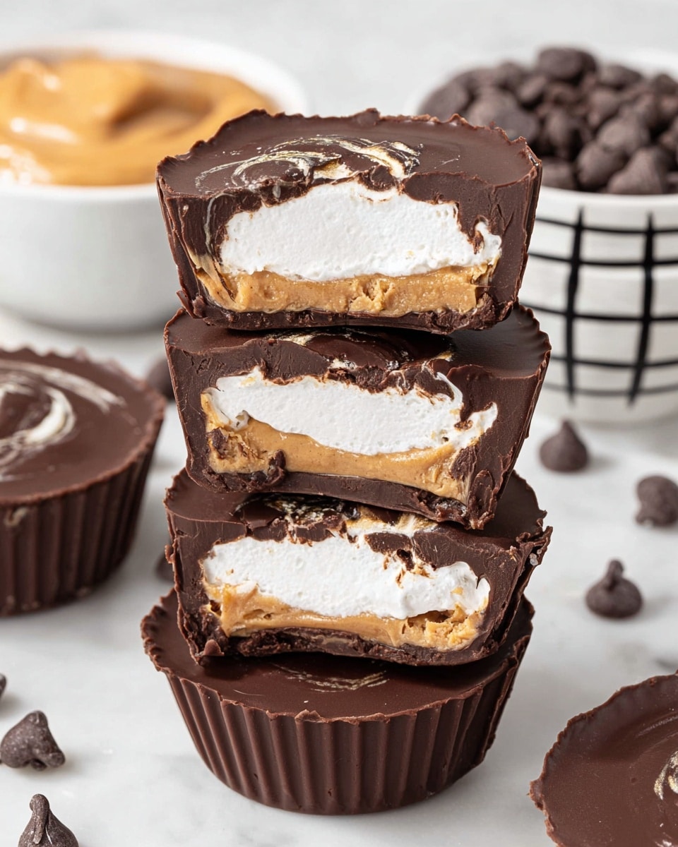 A stack of four chocolate cups is shown in close-up on a white marbled surface; each cup is sliced in half, revealing three layers inside: a smooth, light brown peanut butter layer at the bottom, a fluffy white marshmallow cream layer in the middle, and a thick, dark chocolate shell surrounding and covering the entire cup, with a shiny swirl design on top. In the background, there is a white bowl with black grid lines filled with creamy, light brown peanut butter and a white bowl filled with dark chocolate chips, both resting on the same white marbled surface. Photo taken with an iphone --ar 4:5 --v 7