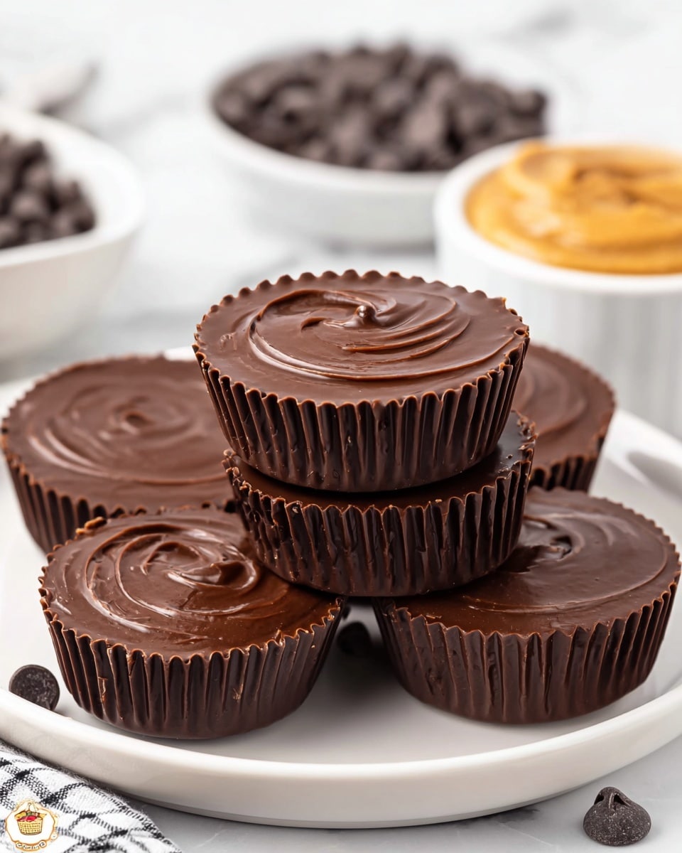 This image shows a close-up view of several chocolate peanut butter cups stacked on a white plate. Each cup has two layers: a darker, glossy chocolate outer layer shaped with ridged edges, and a smooth chocolate swirl on top. The cups have a rich dark brown color with a shiny finish. In the background, there is a white bowl filled with dark chocolate chips and a white bowl with creamy peanut butter, all placed on a white marbled surface. The scene looks bright and clean. photo taken with an iphone --ar 4:5 --v 7