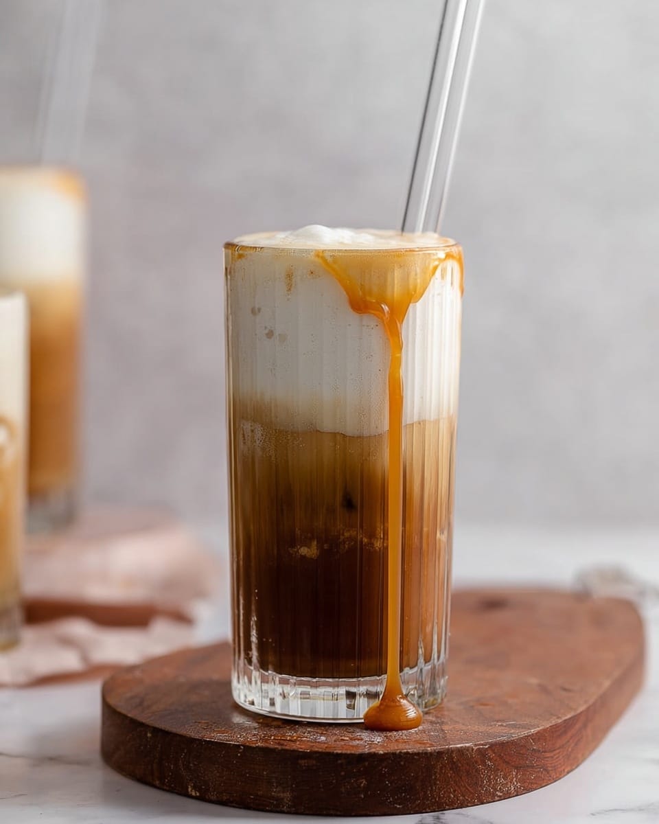 A tall clear glass with vertical ridges holds a three-layered iced coffee drink. The bottom layer is dark brown coffee, the middle layer is a lighter brown milk mix, and the top layer is thick, creamy white foam. Golden caramel sauce drips slowly over the glass rim, contrasting with the white foam and glass texture. A clear glass straw leans inside the drink from the top. The glass sits on a round wooden board placed on a white marbled surface. In the background, another glass with the drink is slightly blurred. Photo taken with an iphone --ar 4:5 --v 7