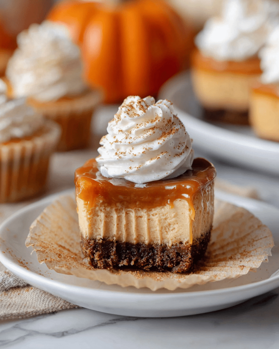A mini pumpkin cheesecake with three clear layers sits on a white plate on a white marbled surface. The bottom layer is a dark brown crumbly crust, the middle layer is a thick, creamy light orange cheesecake, and the top layer is a smooth caramel glaze. A dollop of white whipped cream with a sprinkle of brown spice powder rests on top. The cheesecake is in an unwrapped beige paper liner. Blurred small pumpkins and other mini cheesecakes with whipped cream are visible in the background. Photo taken with an iphone --ar 4:5 --v 7