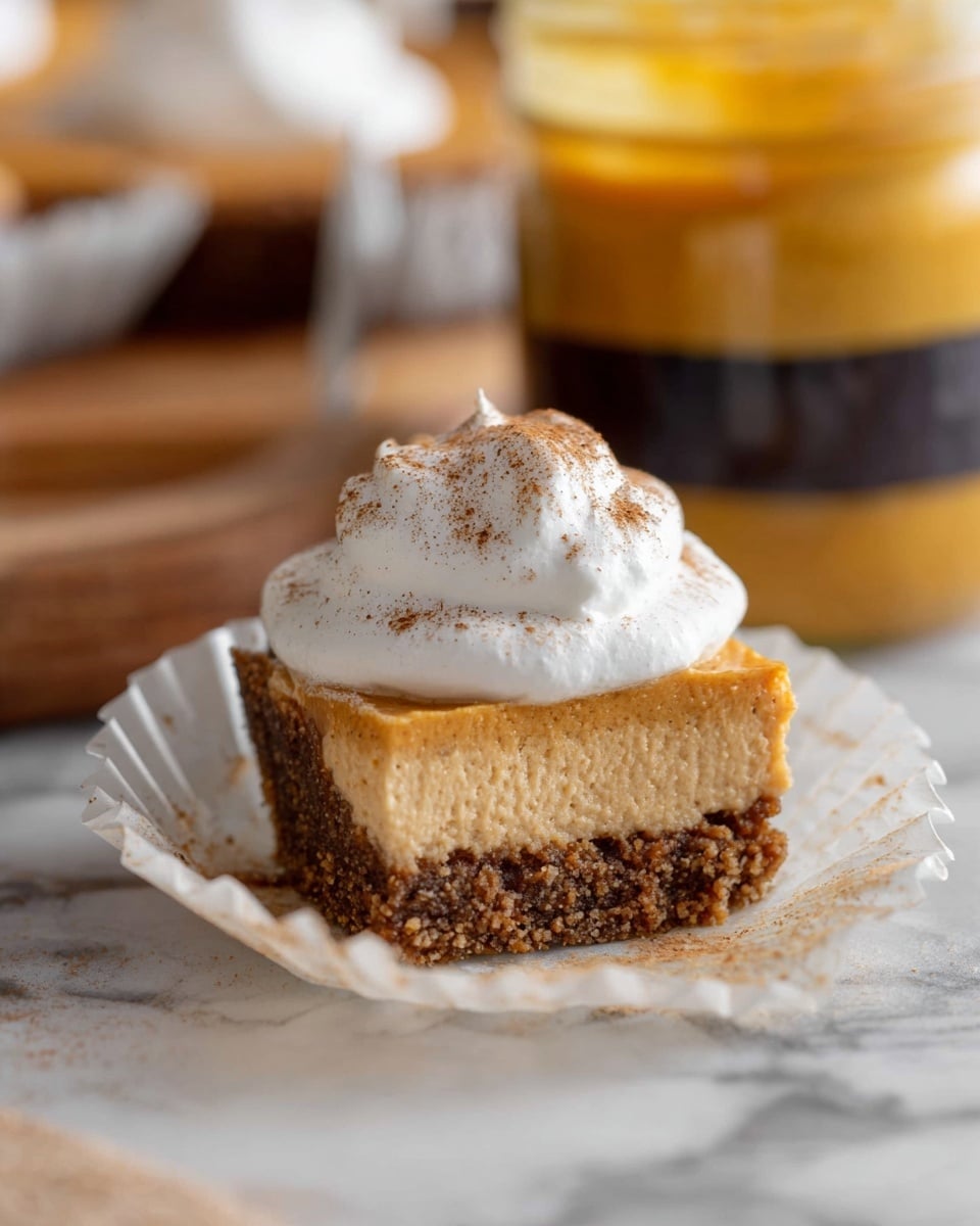 The image shows a small slice of pie with three layers, sitting on an unwrapped white paper cupcake liner on a white marbled surface. The bottom layer is a dark brown crumbly crust, the middle layer is a thick, smooth, light orange filling, and the top layer is a dollop of white whipped cream with a slight dusting of cinnamon or spice on it. In the background, there is a glass jar with a yellow and dark brown layered spread and a white piping bag, blurred out. photo taken with an iphone --ar 4:5 --v 7