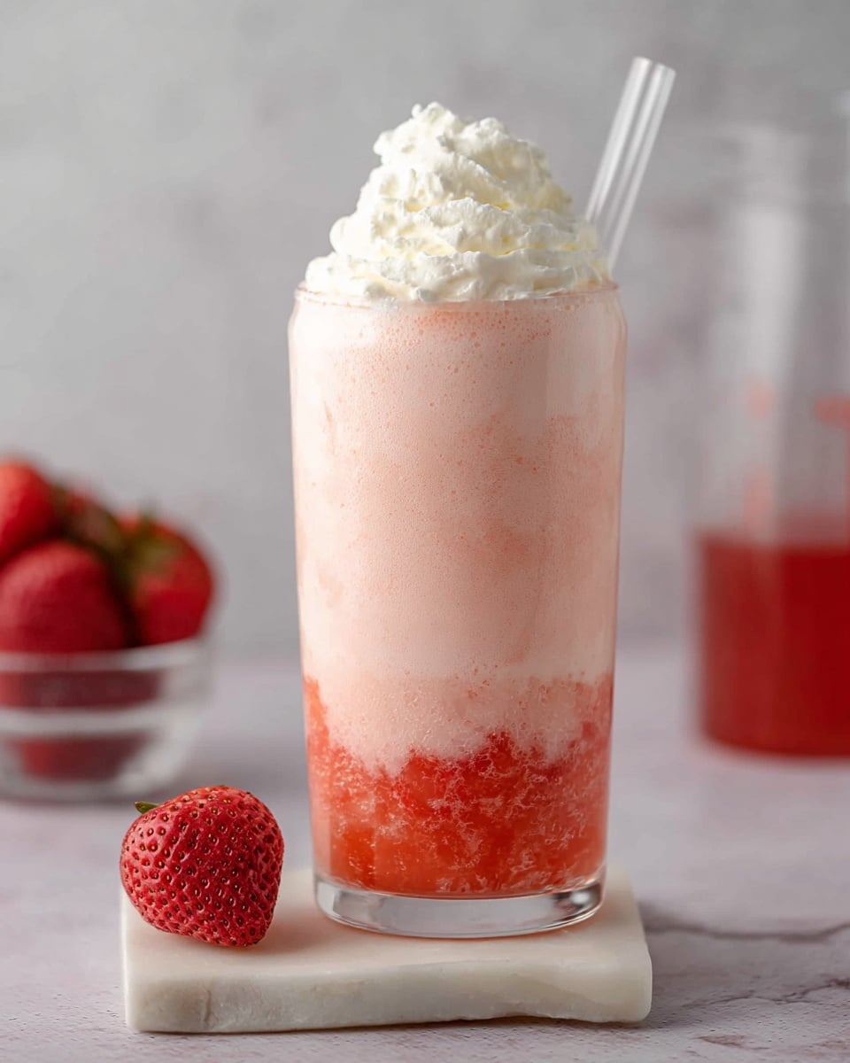 A tall clear glass filled with a three-layered strawberry smoothie, starting with a bright red chunky strawberry puree at the bottom, followed by a thick pale pink smoothie middle layer, and topped with a fluffy white whipped cream dome that slightly peaks above the glass rim. A clear straw is placed at the back left side, sticking up from the whipped cream. The glass sits on a square white marble coaster on a white marbled surface. In the background to the left, there is a clear bowl of whole strawberries with one strawberry in front of it on the surface, and on the right, there is a transparent measuring jug with some red liquid inside, blurred softly. photo taken with an iphone --ar 4:5 --v 7