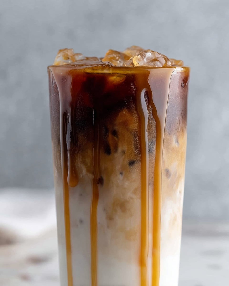 A close-up of a tall clear glass filled with three visible layers: the bottom layer is white milk, the middle layer is dark brown coffee slowly blending into the milk, and the top layer consists of light brown caramel syrup dripping down the sides and light brown crushed ice filling the glass. The glass is set against a white marbled surface with a soft grey background. The caramel syrup appears glossy and thick, creating vertical streaks down the glass, enhancing the contrast between the layers. photo taken with an iphone --ar 4:5 --v 7
