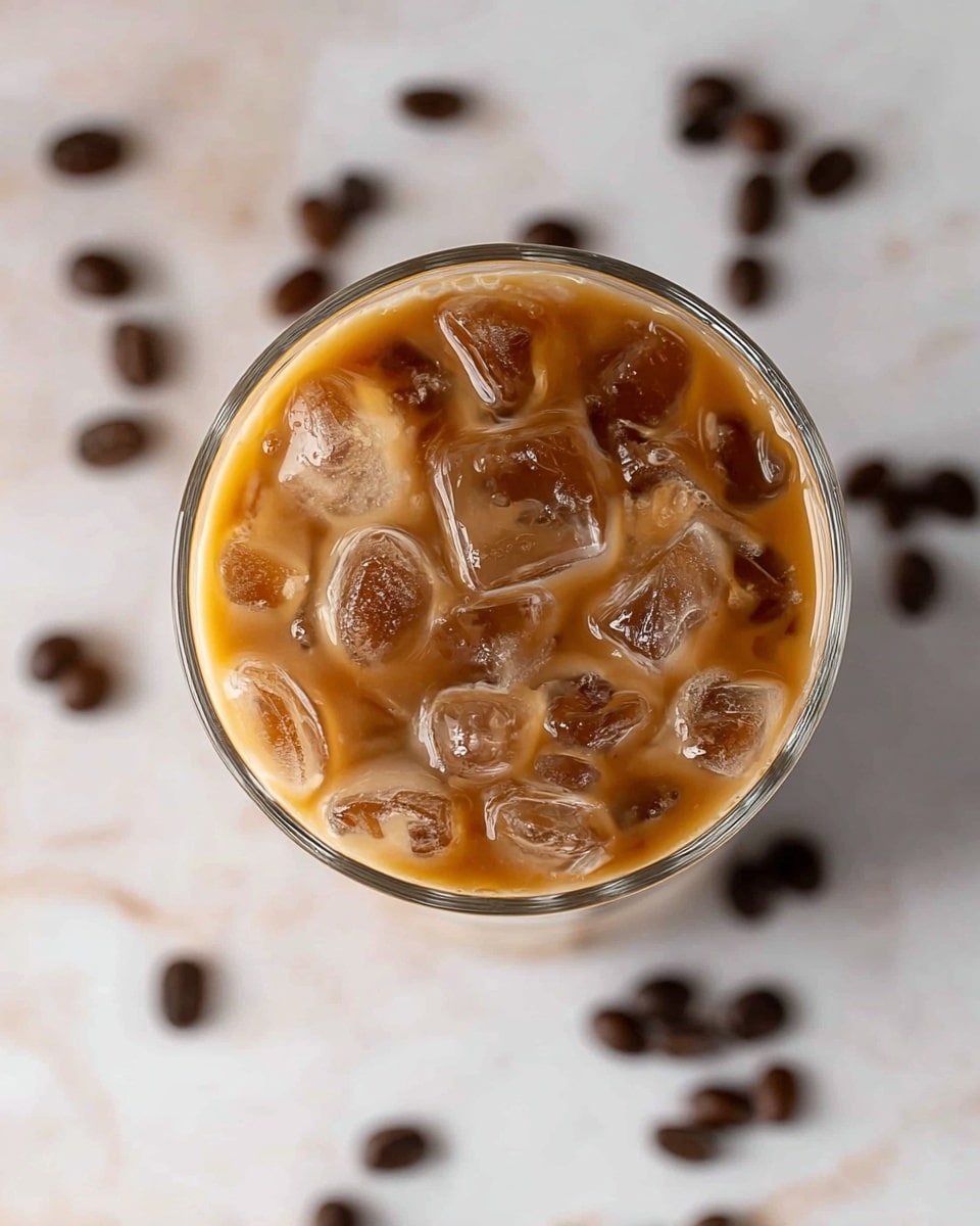 A tall clear glass filled with iced coffee viewed from the top, showing two layers: the bottom layer is a mix of dark brown coffee and light brown milk blending together, while the top layer is packed with translucent ice cubes floating in a light brown liquid. Scattered dark coffee beans surround the glass, all placed on a white marbled surface. photo taken with an iphone --ar 4:5 --v 7