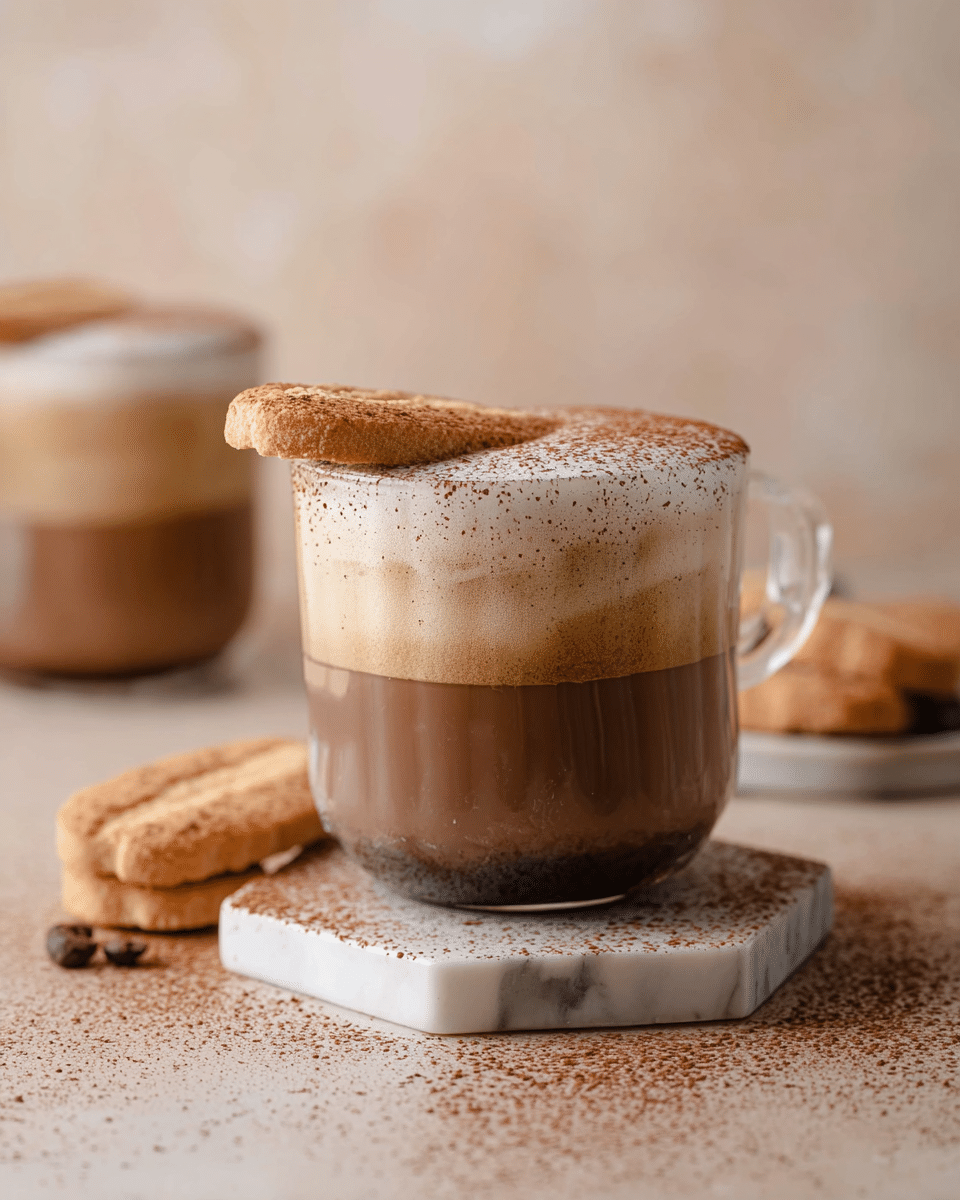 The image shows a clear glass cup filled with a three-layered hot drink on a white marbled hexagonal coaster. The bottom layer is a dark brown coffee, the middle layer is a lighter brown, and the top layer is a frothy white foam sprinkled with cocoa powder. On top of the foam, there is a light brown ladyfinger biscuit dusted with cocoa powder resting diagonally. In the background, there is a second cup slightly out of focus, also with the same layered drink and biscuit. The surface around the coaster is covered with scattered cocoa powder and more ladyfinger biscuits lie on the table nearby. The background is a soft, light beige with a faint textured look. Photo taken with an iphone --ar 4:5 --v 7
