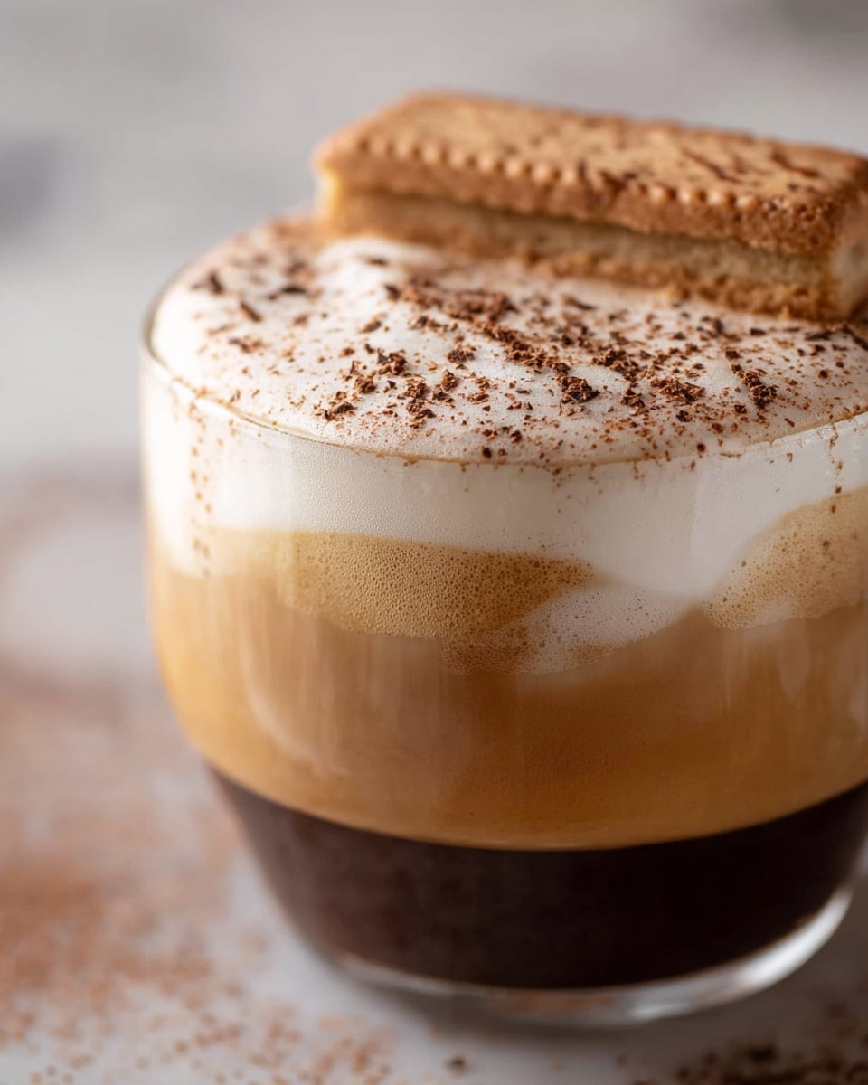 A close-up of a glass cup filled with a layered coffee drink showing three visible layers: the bottom layer is dark brown, the middle layer is medium brown, and the top layer is creamy white foam. The foam layer is thick and frothy with a light dusting of cocoa powder all over it. Resting on the foam is a rectangular piece of light brown biscuit also sprinkled with cocoa powder. The cup is placed on a white marbled surface that softly blurs in the background. photo taken with an iphone --ar 4:5 --v 7