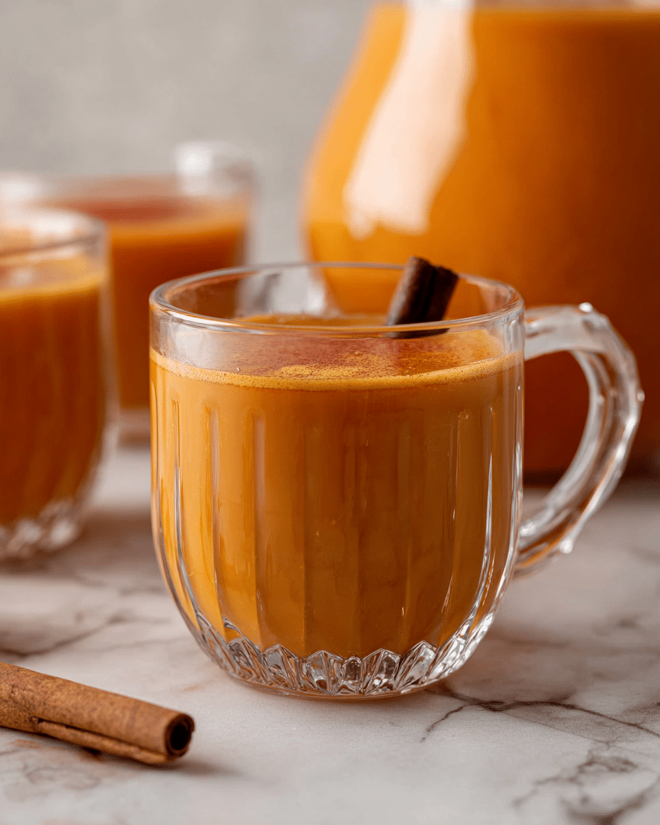 A glass mug with a clear, fluted top edge is filled with a smooth orange drink that has a creamy texture. The drink is topped with a thin dark brown cinnamon stick that floats on the surface evenly. In the background, there are more similar glass mugs and a large glass container filled with the same orange liquid, all placed on a white marbled surface. A cinnamon stick lies next to the mug in the foreground, adding a cozy touch to the scene. photo taken with an iphone --ar 4:5 --v 7