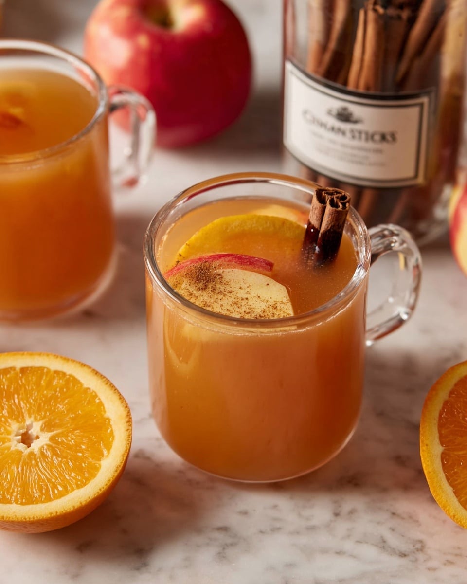 A clear glass cup filled with a warm orange-brown drink, topped with one thick, bright orange slice and a dark brown cinnamon stick resting on top. The cup sits on a white marbled surface with another orange slice and a red apple in the background, alongside a small container labeled