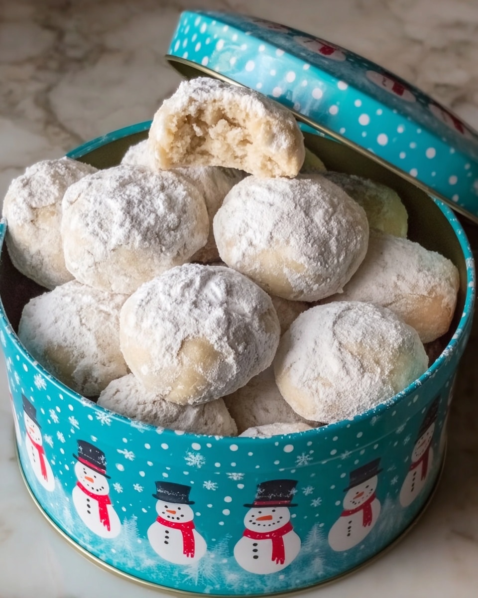 A round tin filled with many small, round cookies covered in a thick layer of white powdered sugar. The cookies inside the tin have a light beige color under the sugar and a slightly rough texture. The tin has a turquoise color with white polka dots and images of snowmen wearing winter hats and scarves around the sides. The tin is placed on a white marbled surface, showing a few cookies stacked partially on top of each other inside. Photo taken with an iphone --ar 4:5 --v 7