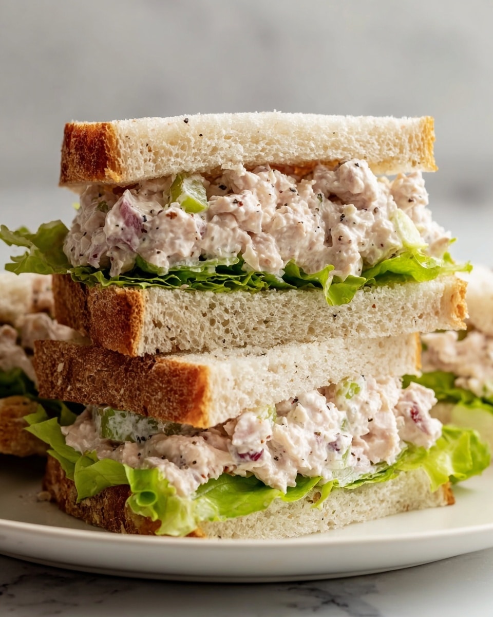 The image shows three stacked sandwich halves on a white plate, placed on a white marbled surface. Each sandwich has two layers of soft, fluffy white bread with a lightly toasted brown crust. Between the bread layers, there is a mix of creamy chicken salad with visible chunks of chicken, diced celery, and specks of black pepper, creating a pale pink and white textured filling. Below the chicken salad filling, there is a crisp, fresh layer of green lettuce adding color and texture contrast. The sandwiches appear thick and generously filled, with some filling slightly spilling out. Photo taken with an iphone --ar 4:5 --v 7