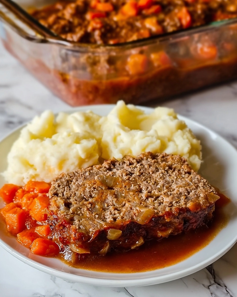 A white plate with three main parts: a thick slice of brown meatloaf showing a crumbly texture with small pieces of onion on top of orange carrot chunks covered in brown gravy, creamy off-white mashed potatoes with a slightly lumpy texture next to the meatloaf, all placed on a white marbled surface; in the background, a rectangular glass dish filled with the same brown gravy and meat mixture. photo taken with an iphone --ar 4:5 --v 7