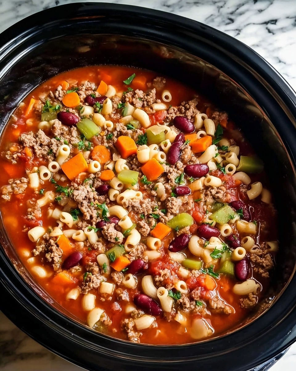 A close-up image of a slow cooker filled with a colorful soup showing multiple layers and ingredients. The soup base is a thick orange-red broth, covering a layer of small, slightly soft elbow macaroni noodles in pale cream color. Mixed throughout are bright orange carrot slices, pale green celery chunks, and green bell pepper pieces, all tender-looking. Ground cooked beef bits in light brown are scattered thickly on the top, along with some diced tomatoes that are red and add extra texture. Dark red kidney beans and white beans add variety and depth to the soup. Small flecks of chopped green herbs are sprinkled on top, adding freshness to the dish. The slow cooker is black and sits on a white marbled surface. Photo taken with an iphone --ar 4:5 --v 7