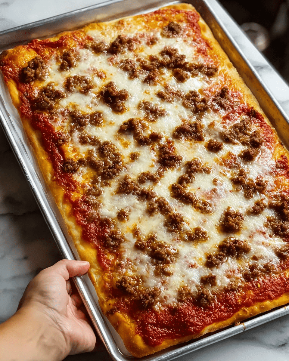 A rectangular pizza with two layers visible: the bottom layer is a golden-baked crust with slightly browned edges, topped with a thick layer of rich red tomato sauce spread close to the edges. The top layer is melted, bubbly white cheese that covers the sauce evenly, sprinkled with small, chunky pieces of browned ground meat evenly scattered across the surface. The pizza is on a silver metal baking tray, and a woman's hand is holding the tray from the side. The background has a white marbled texture. photo taken with an iphone --ar 4:5 --v 7