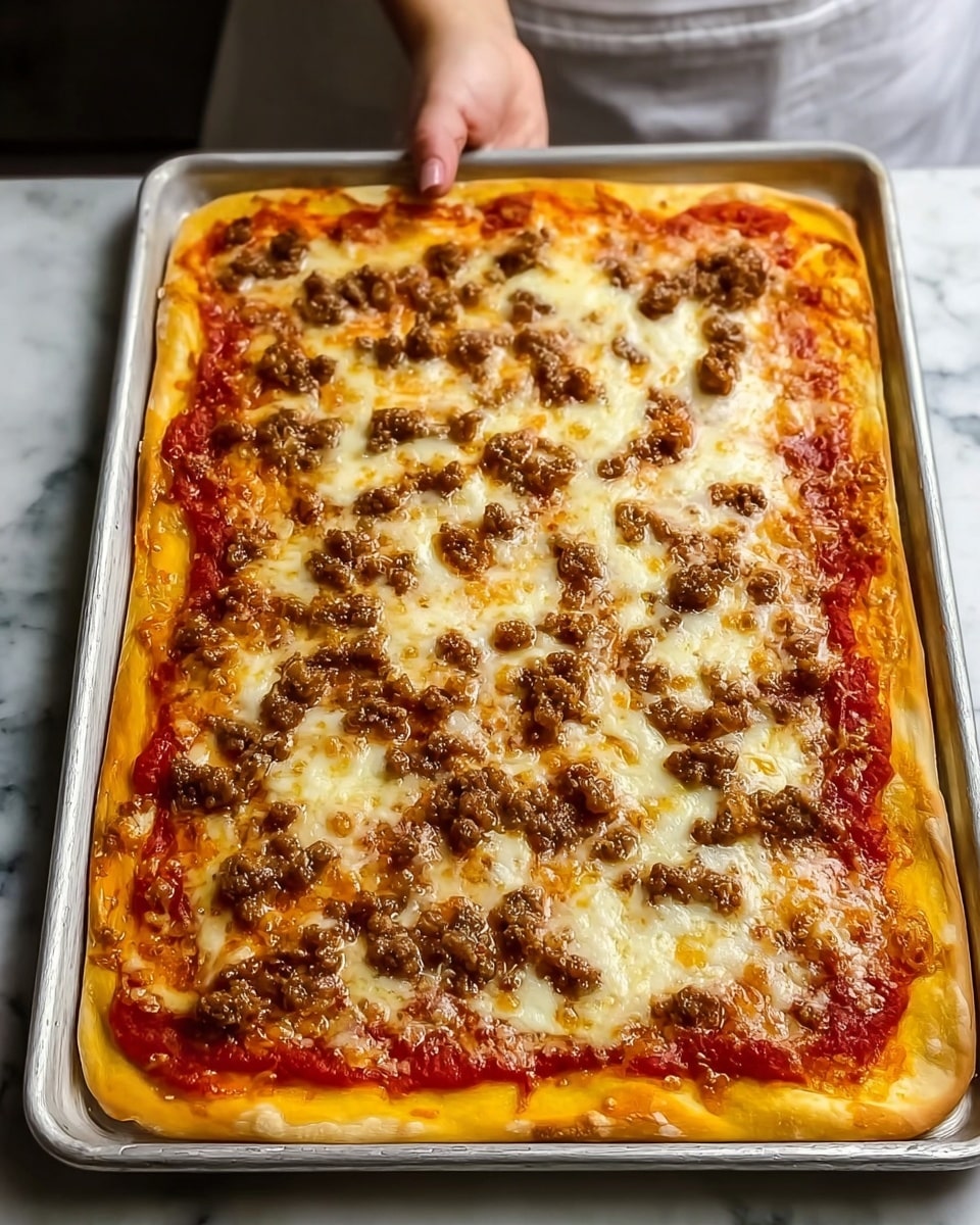 A rectangular pizza on a silver baking tray held by a woman’s hand, placed over a white marbled surface. The pizza has three main layers: the bottom layer is a light golden-brown thin crust, the middle layer is a bright red tomato sauce spread evenly across the crust, and the top layer is creamy melted cheese with small browned spots. Scattered on top are small chunks of cooked ground beef evenly spread across the cheese. The scene is framed with the woman’s arm and torso visible in the background. Photo taken with an iphone --ar 4:5 --v 7