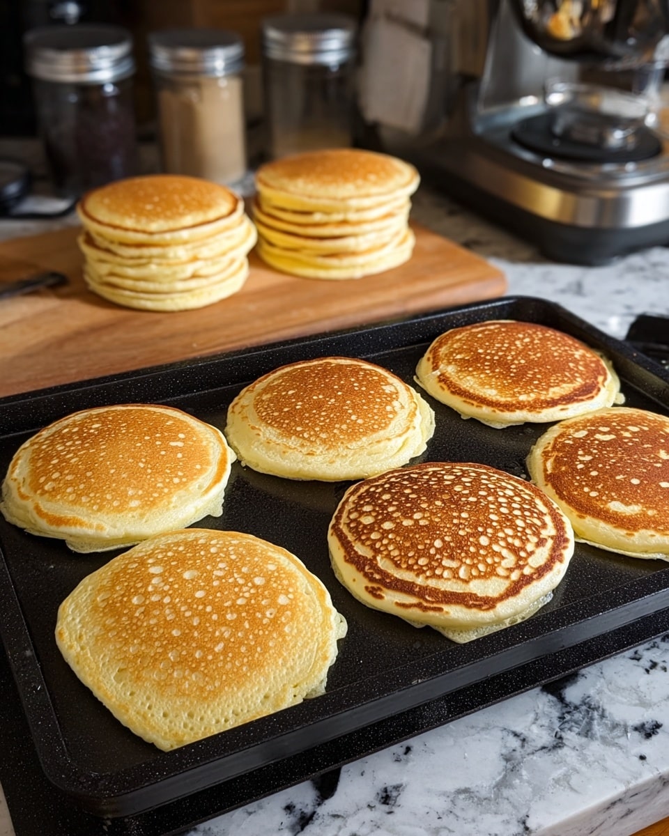 A stack of four thick, golden-brown pancakes with a slightly crispy surface showing small bubbles and uneven texture sits centered on a white plate with subtle brown speckles. On top of the stack is a square pat of melting butter glistening with honey syrup that drips down the sides of the pancakes, pooling onto the plate. The background features a white marbled texture with soft natural light illuminating the pancakes, highlighting the warm tones and buttery shine. Photo taken with an iphone --ar 4:5 --v 7