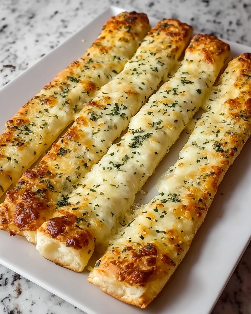 Four long, thin breadsticks are arranged side by side on a white square plate. Each breadstick has a golden-brown crust at the ends, covered by a thick melted layer of cheese that is bubbly and lightly browned in spots. Sprinkled green herbs add small pops of color on top of the cheese. The background shows a white marbled texture underneath the plate. photo taken with an iphone --ar 4:5 --v 7