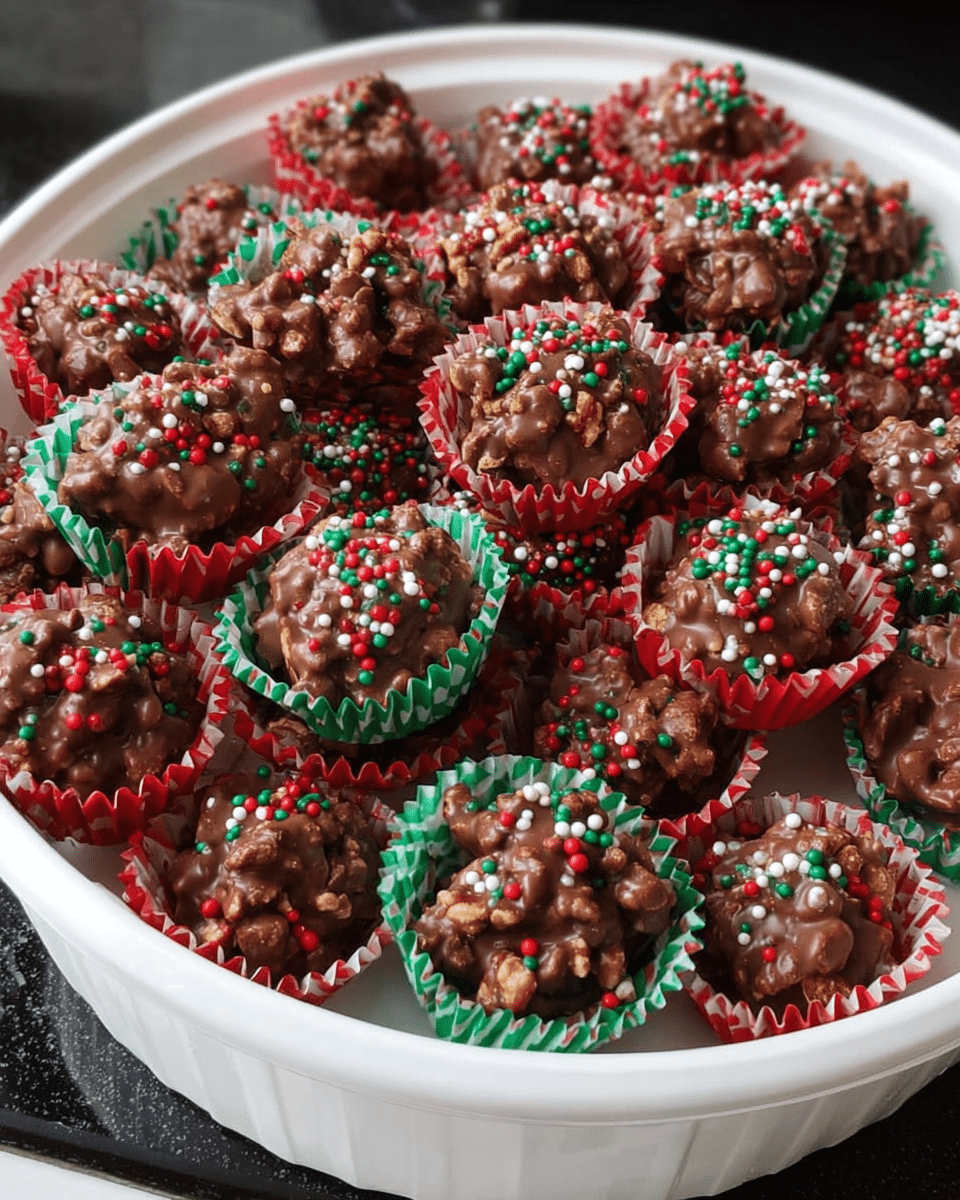 A large white round container filled to the top with many small chocolate clusters placed inside red, green, and red-and-white striped paper cups. Each chocolate piece is topped with tiny red, green, and white round sprinkles, adding a festive look. The chocolates have a rough, bumpy texture with some pieces showing small nut-like shapes under the chocolate coating, all layered evenly within the container. The container sits on a white marbled surface. photo taken with an iphone --ar 4:5 --v 7
