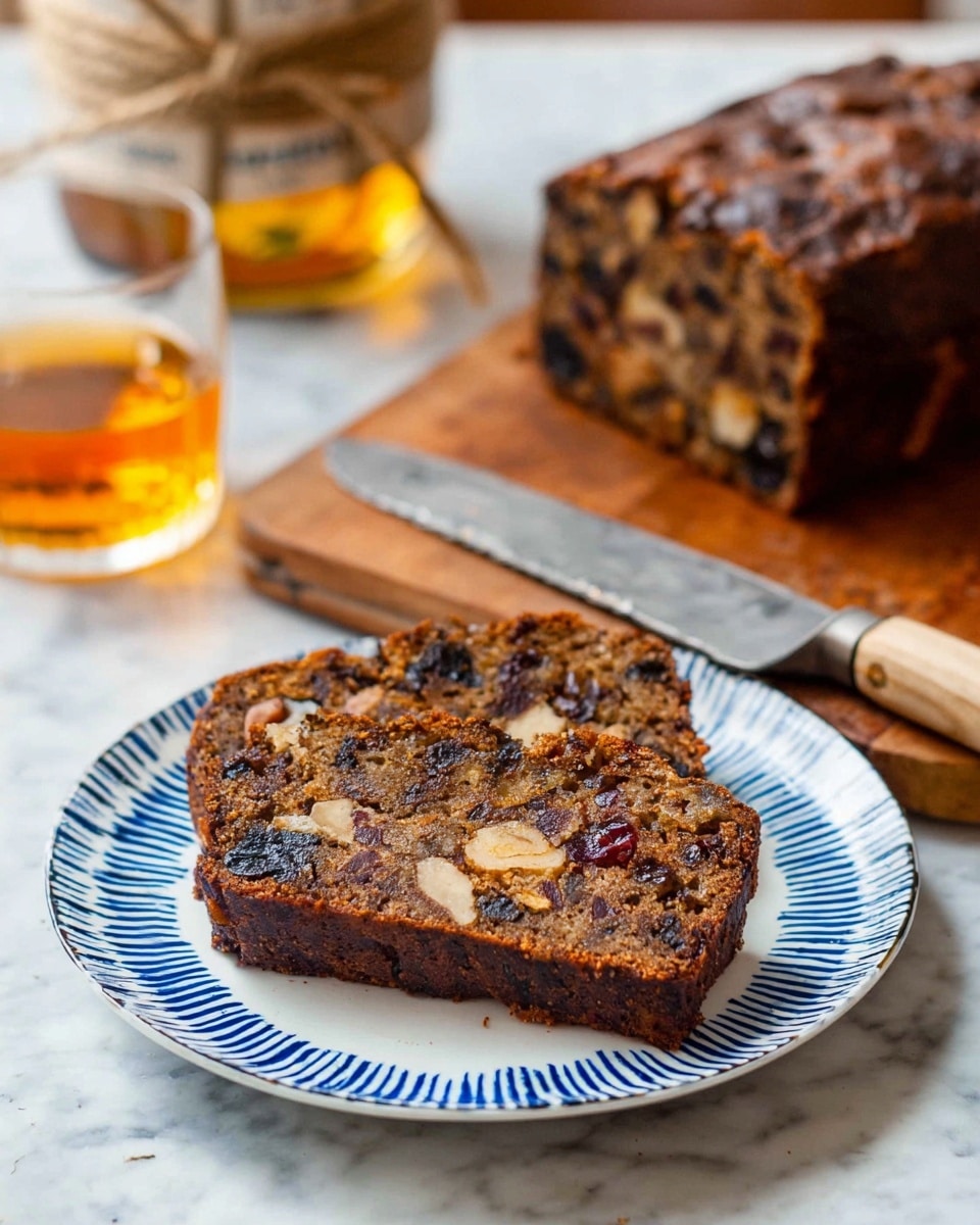 Two thick slices of dark brown fruit and nut cake with visible chunks of nuts and dried fruit are placed side by side on a white plate with blue stripes. The cake has a dense and moist texture with uneven pieces of nuts and fruit embedded throughout. Behind the plate, a large loaf of the same cake sits on a wooden cutting board, with a serrated knife lying next to it. In the background, a glass filled with amber liquid and a partially visible bottle wrapped with twine add a warm tone. The scene rests on a white marbled surface. photo taken with an iphone --ar 4:5 --v 7