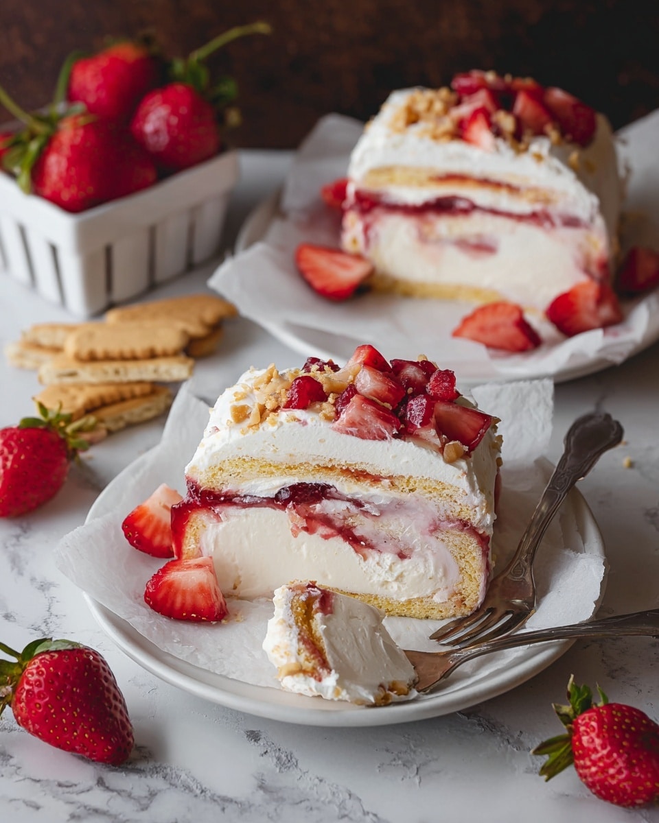 The image shows two slices of a rolled dessert on white plates lined with white parchment paper. Each slice has visible layers starting with a light brown cake layer at the bottom, followed by a creamy off-white ice cream layer, then a thin red strawberry jam layer with bits of fruit, another cake layer, and a thick white whipped cream layer topped with small strawberry pieces and crumbs. Bright red strawberry chunks are placed around the slices on the plates. A fork with some dessert on it rests on one plate. Nearby, a white square container holds bright red whole strawberries, and golden sandwich cookies are scattered on the white marbled textured surface around the plates, which provide a contrasting backdrop. photo taken with an iphone --ar 4:5 --v 7