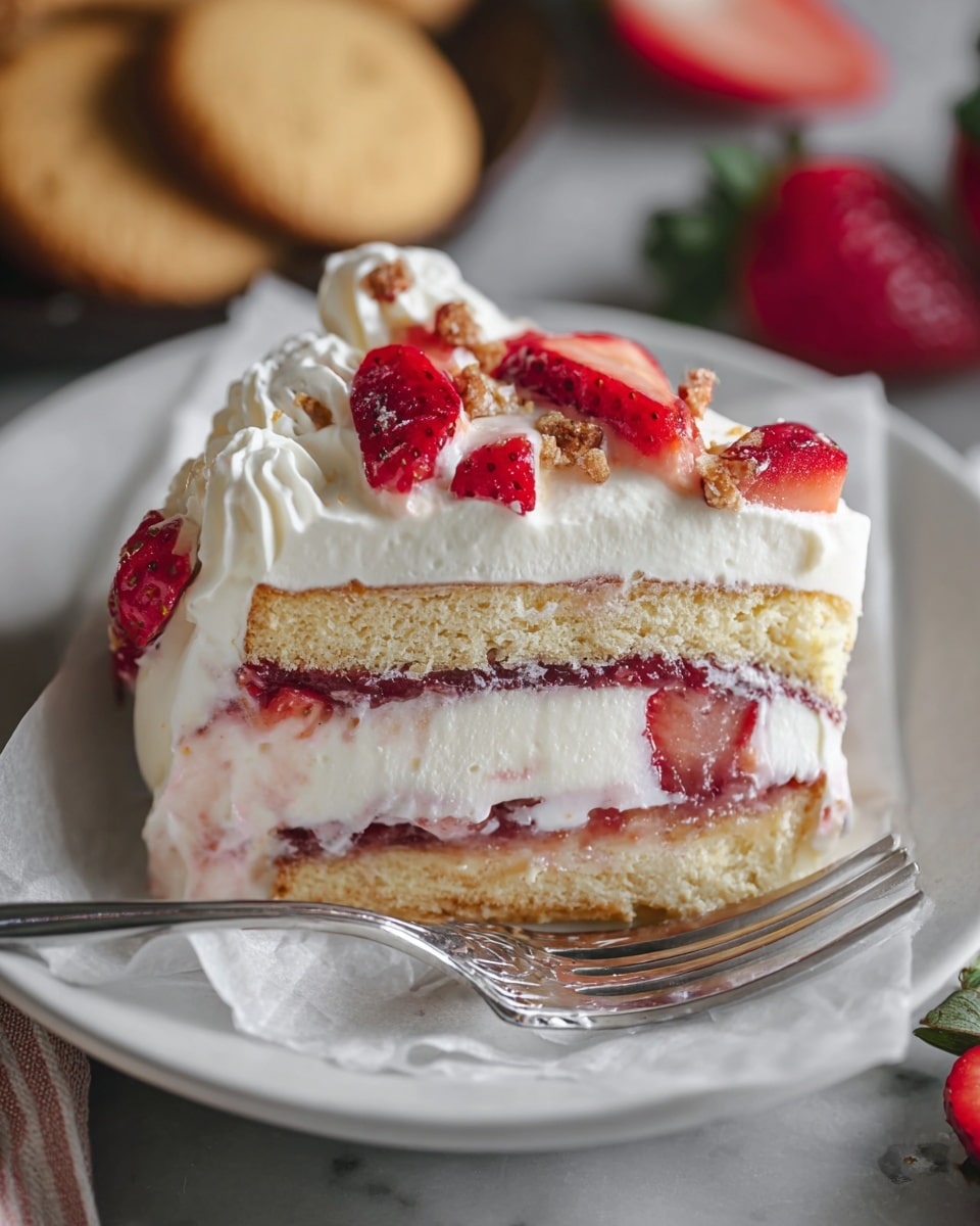 A close-up slice of layered dessert on white plate with white paper underneath shows multiple layers: the bottom layer is light brown cake with a soft texture, next a creamy beige layer followed by a thin red fruit jam layer with visible strawberry chunks, then a thick white creamy layer, and a top layer of whipped white cream garnished with fresh red strawberry pieces. The slice sits on a silver fork and the plate is on a white marbled surface. Some whole golden brown cookies and more strawberry slices are blurred in the background. Photo taken with an iphone --ar 4:5 --v 7